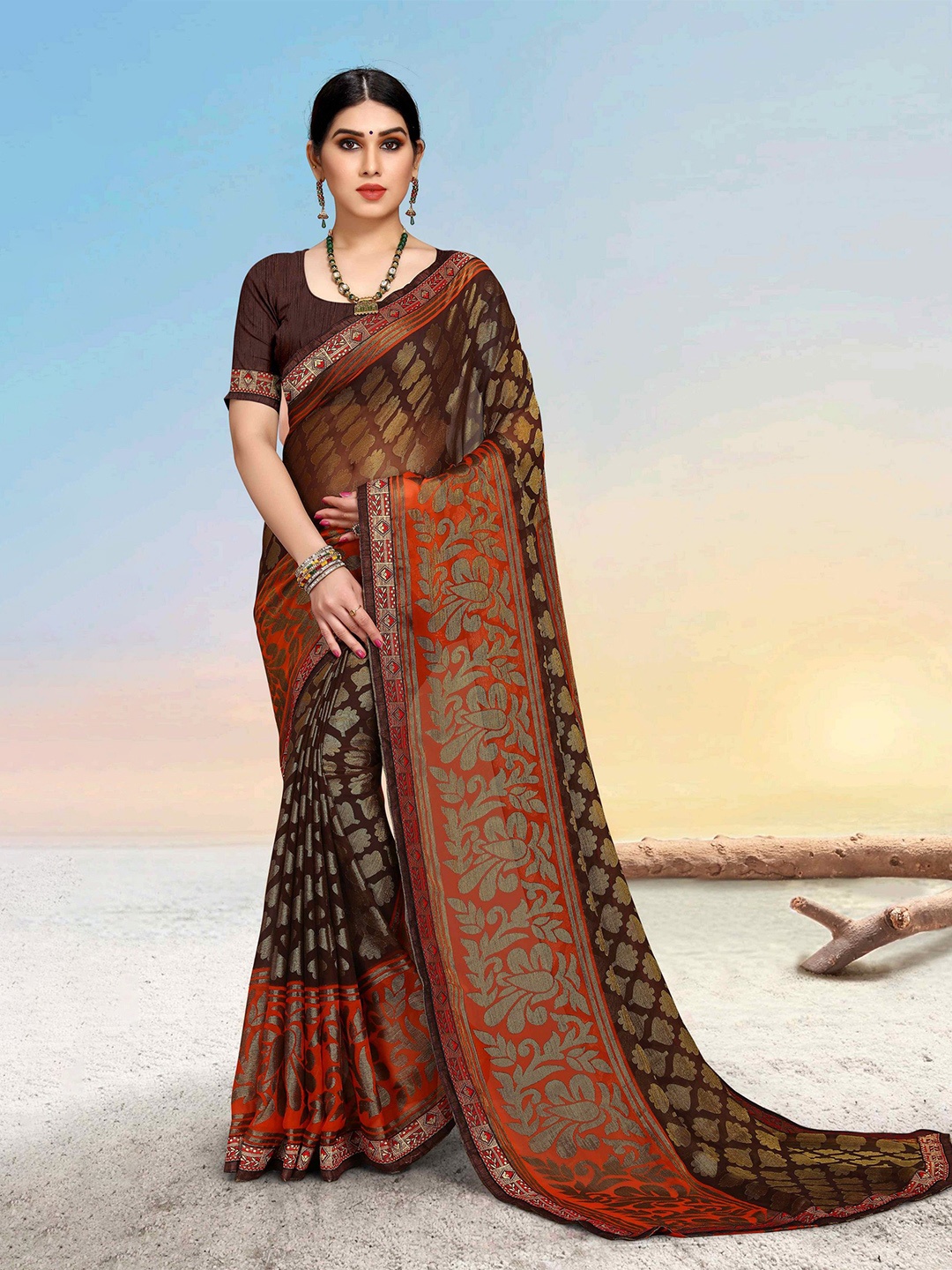 

EMV Ethnic Motifs Zari Chiffon Saree, Brown