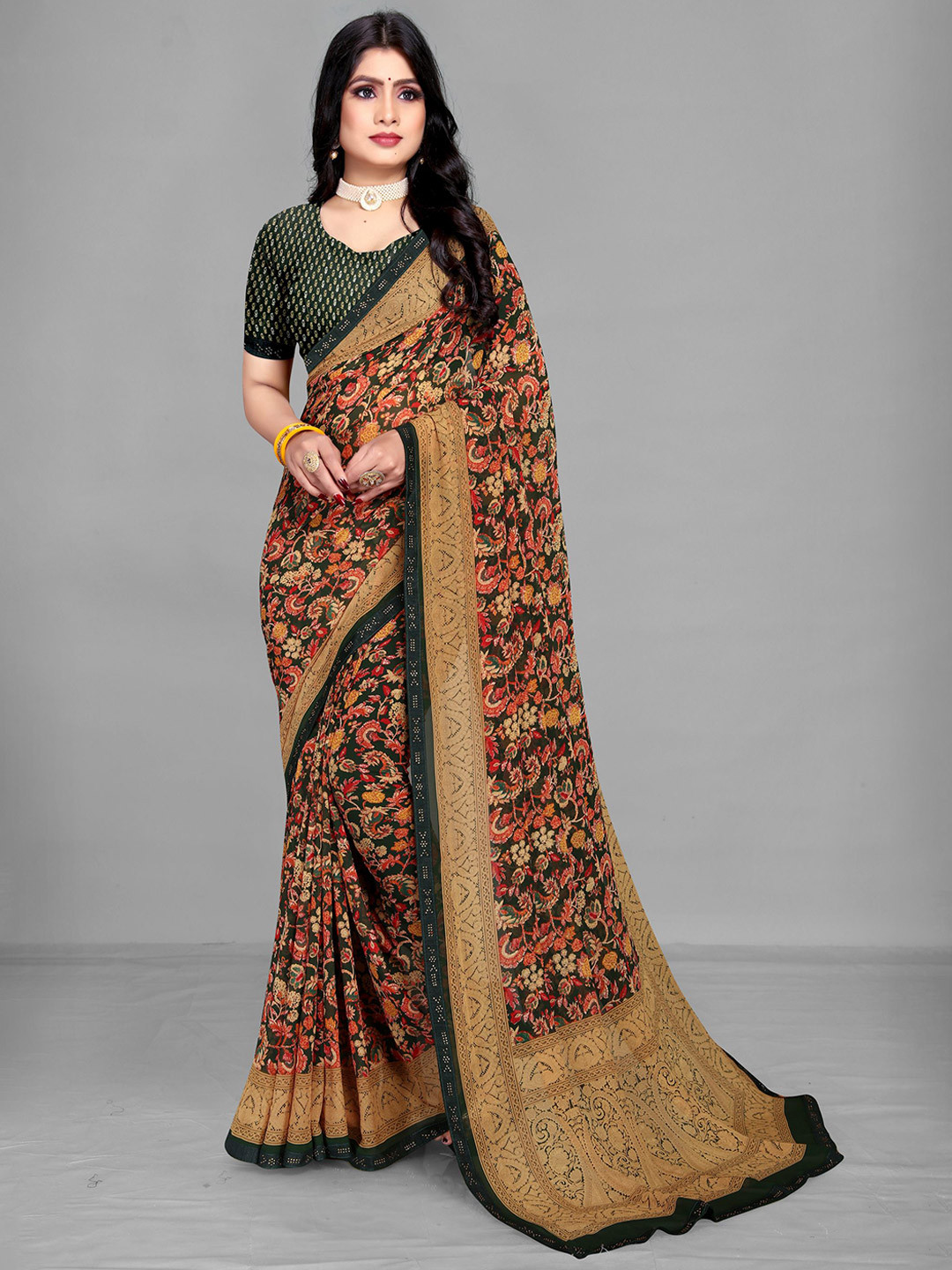 

EMV Ethnic Motifs Beads and Stones Chiffon Saree, Brown