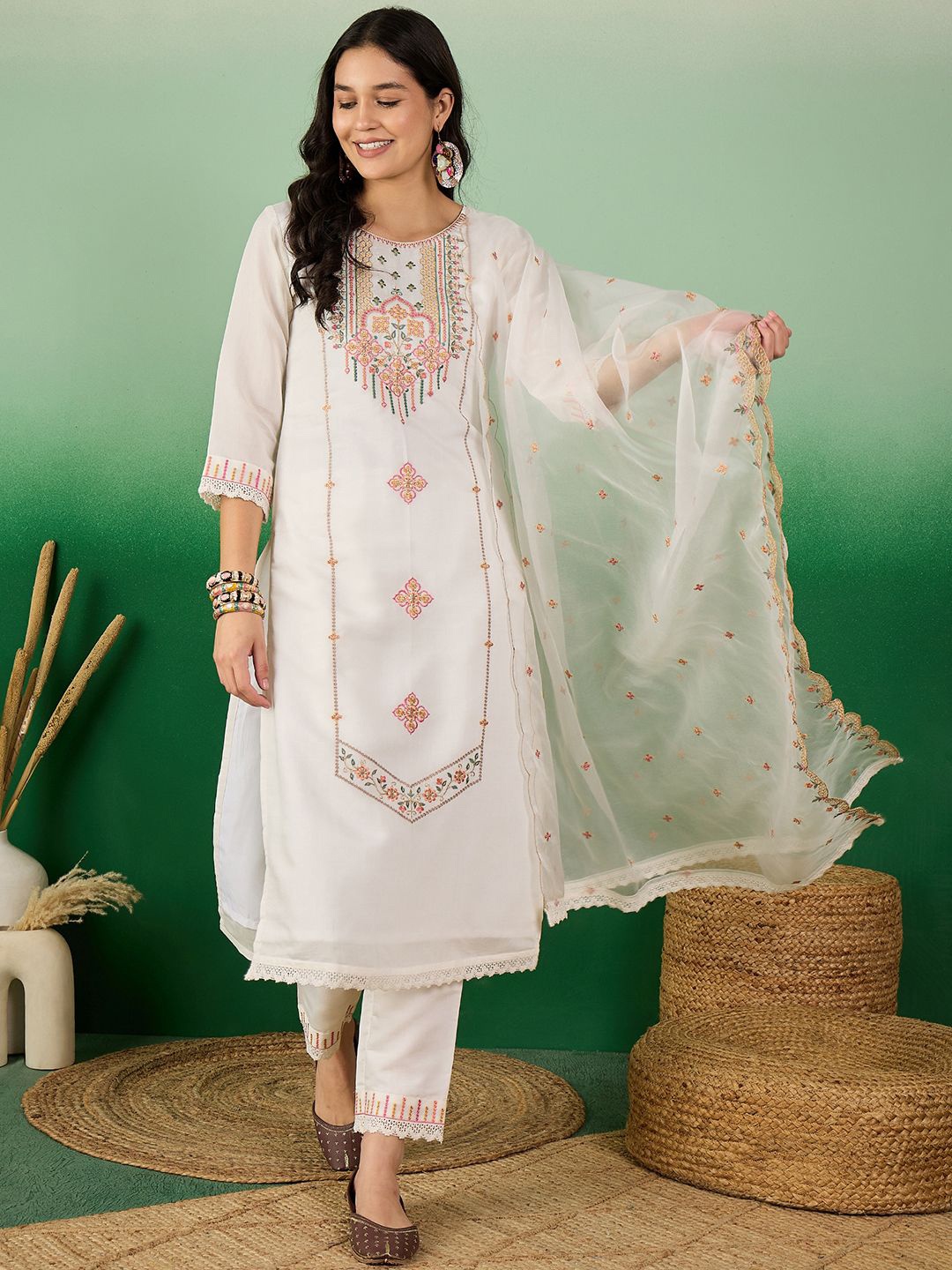 

Sangria White Floral Embroidered A-Line Kurta With Trouser & Dupatta