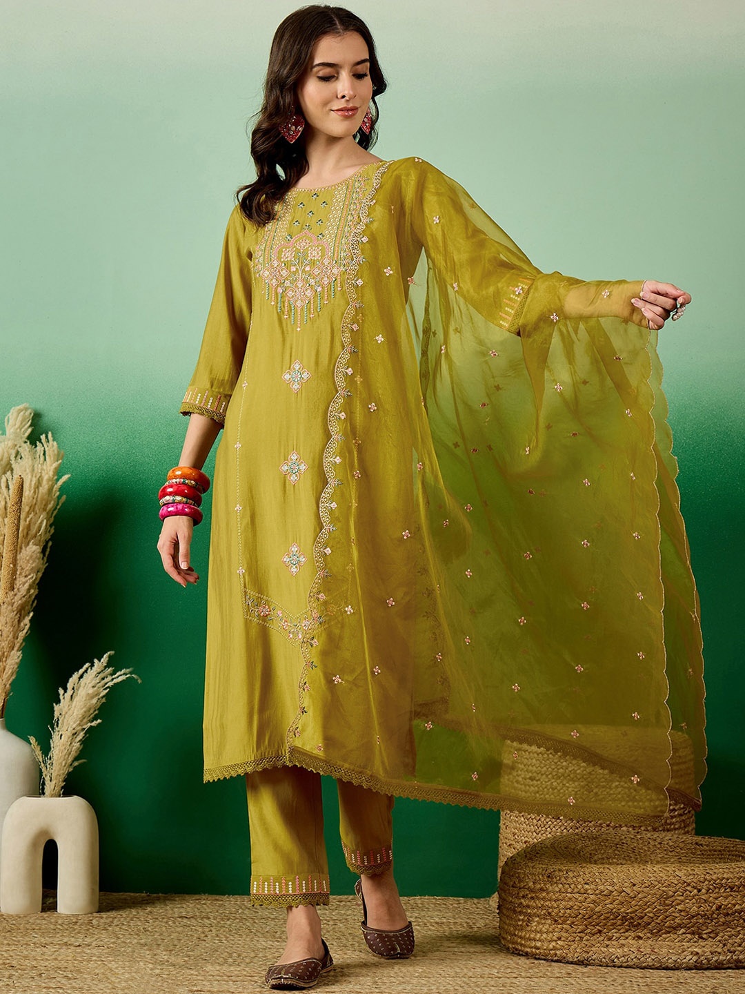 

Sangria Floral Yoke Zari Embroidered Zari Straight Kurta With Trouser & Dupatta, Mustard