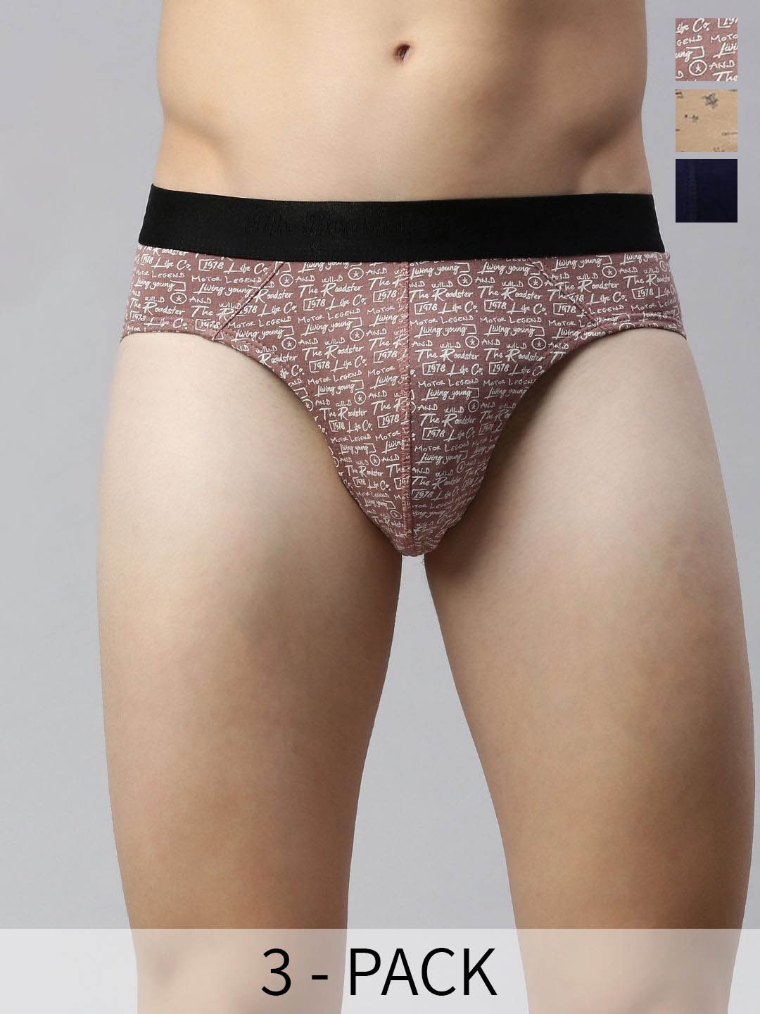 

The Roadster Lifestyle Co. Brown Pack Of 3 Printed Cotton Briefs RD-B-81-p3-NvyBrwYlw