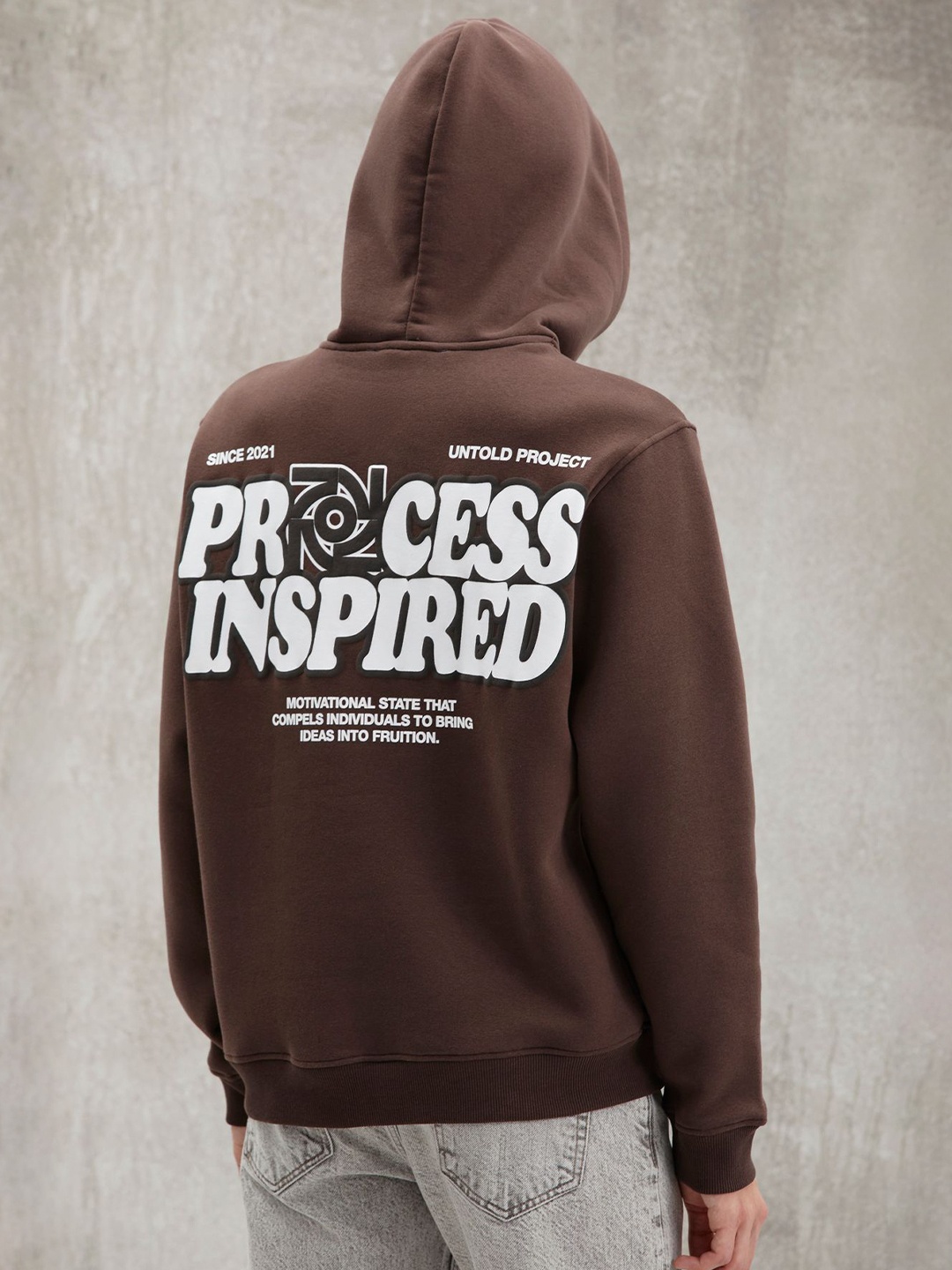 

GRIMELANGE Men Typography Printed Hooded Cotton Pullover, Brown