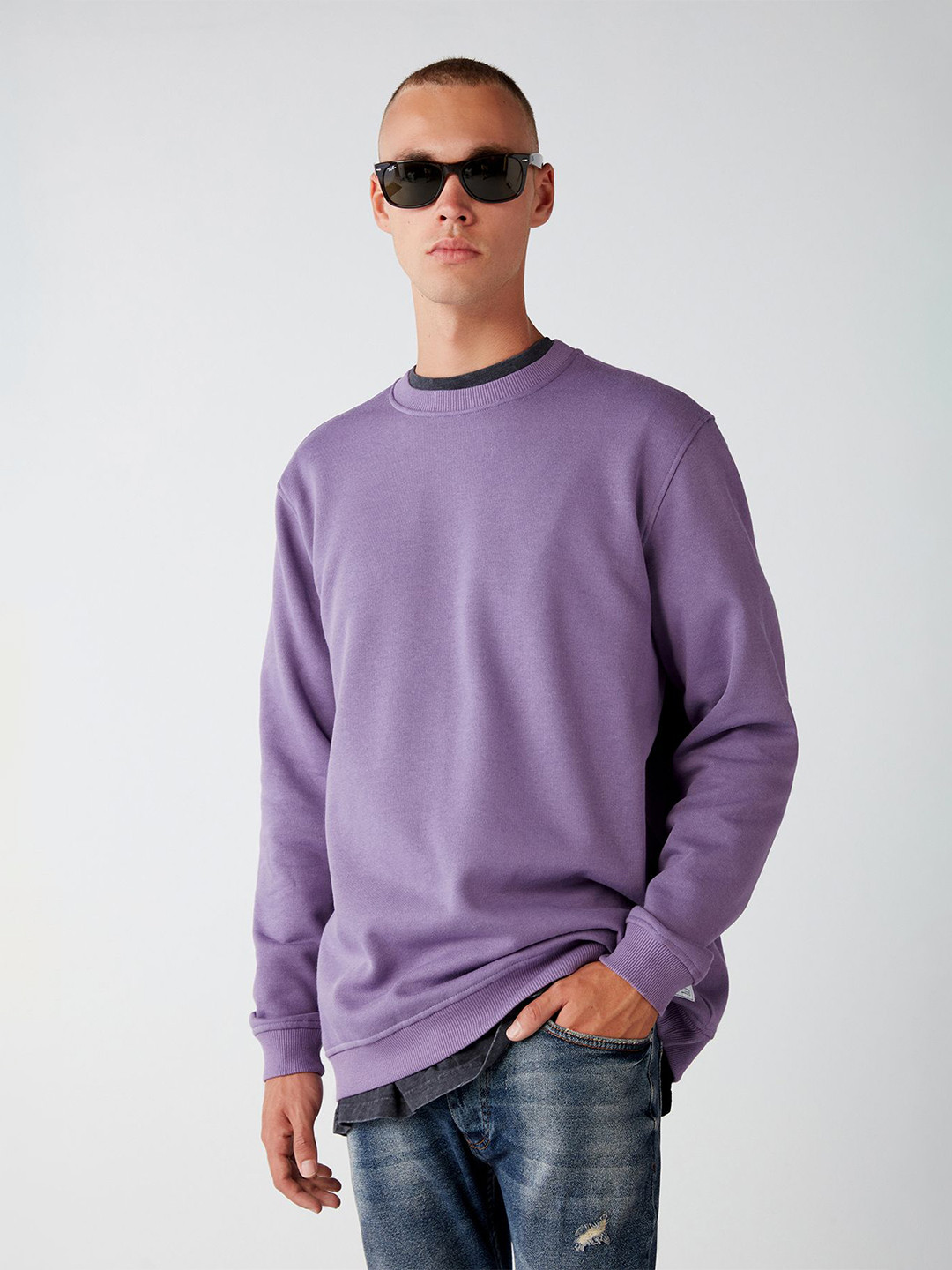 

GRIMELANGE Men Round Neck Long Sleeves Cotton Pullover, Lavender