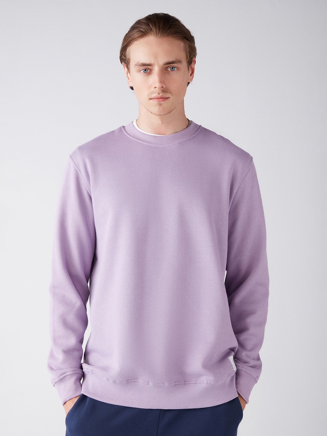 

GRIMELANGE Men Round Neck Long Sleeves Cotton Pullover, Lavender