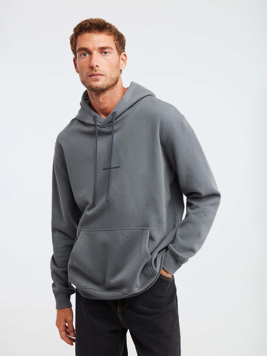 

GRIMELANGE Men Hooded Long Sleeves Cotton Pullover, Grey