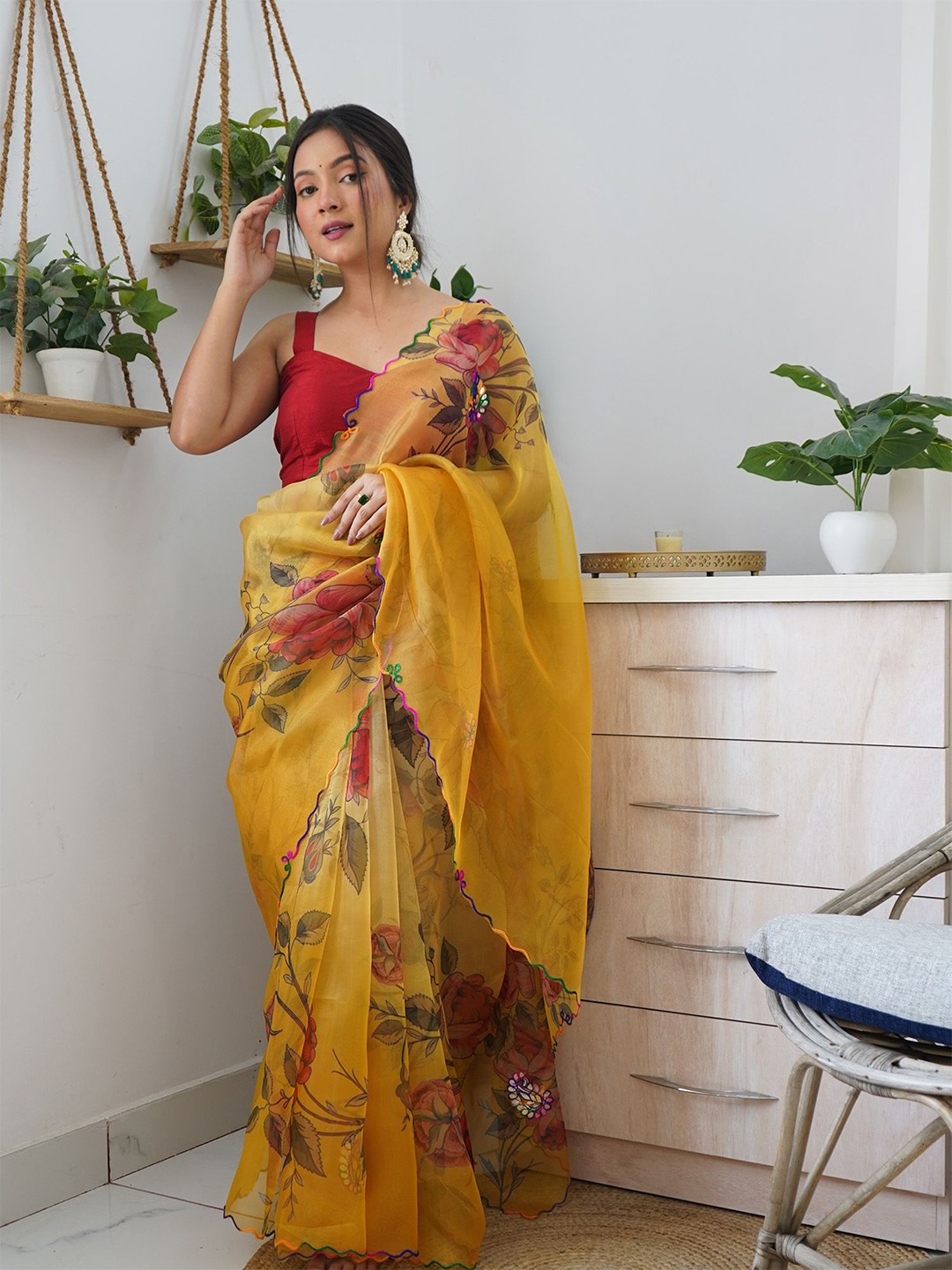 

elora Floral Mirror Work Organza Saree, Yellow