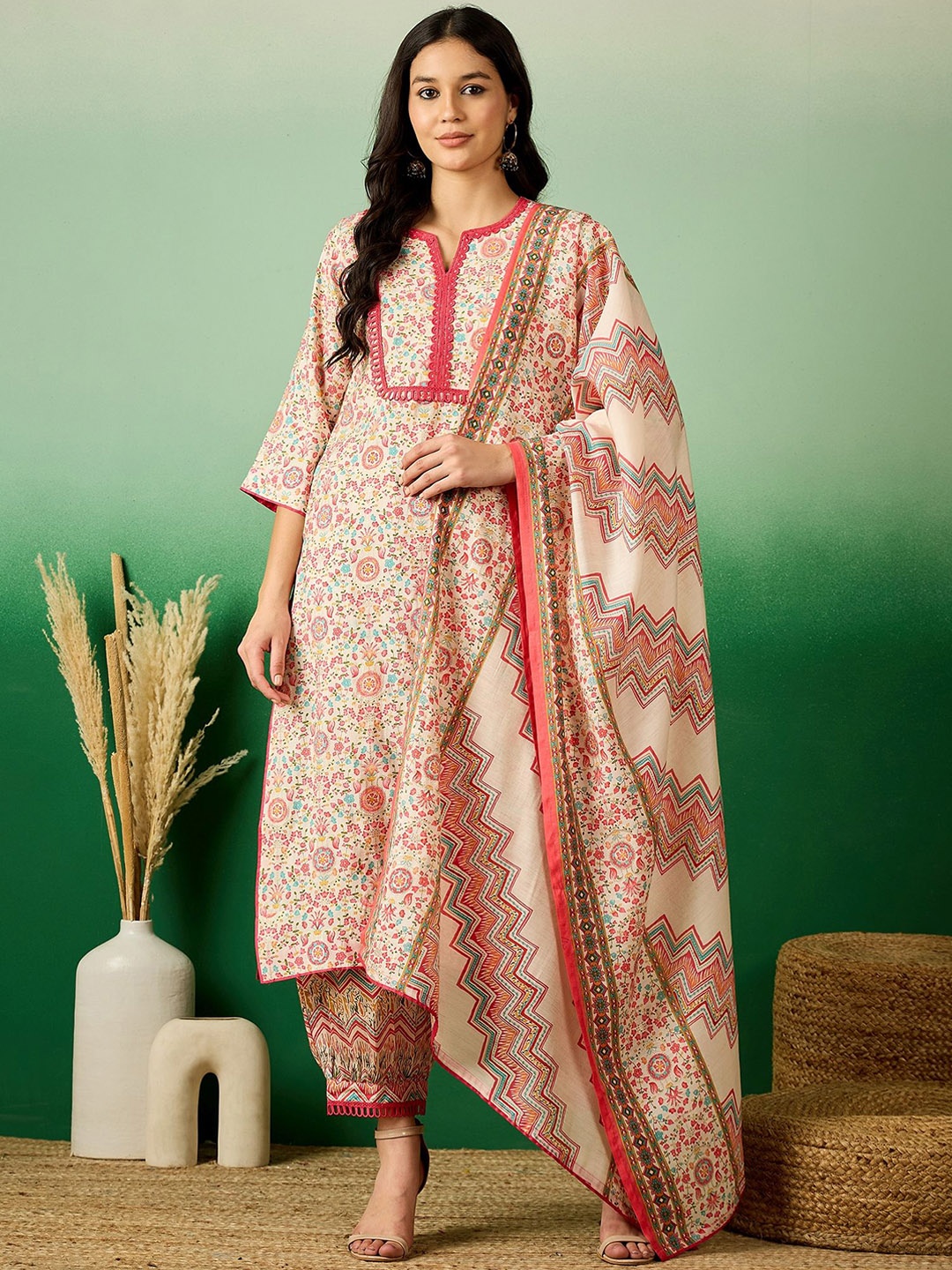 

Sangria Fuchsia Floral Printed Notch Neck Straight Kurta With Trousers & Dupatta