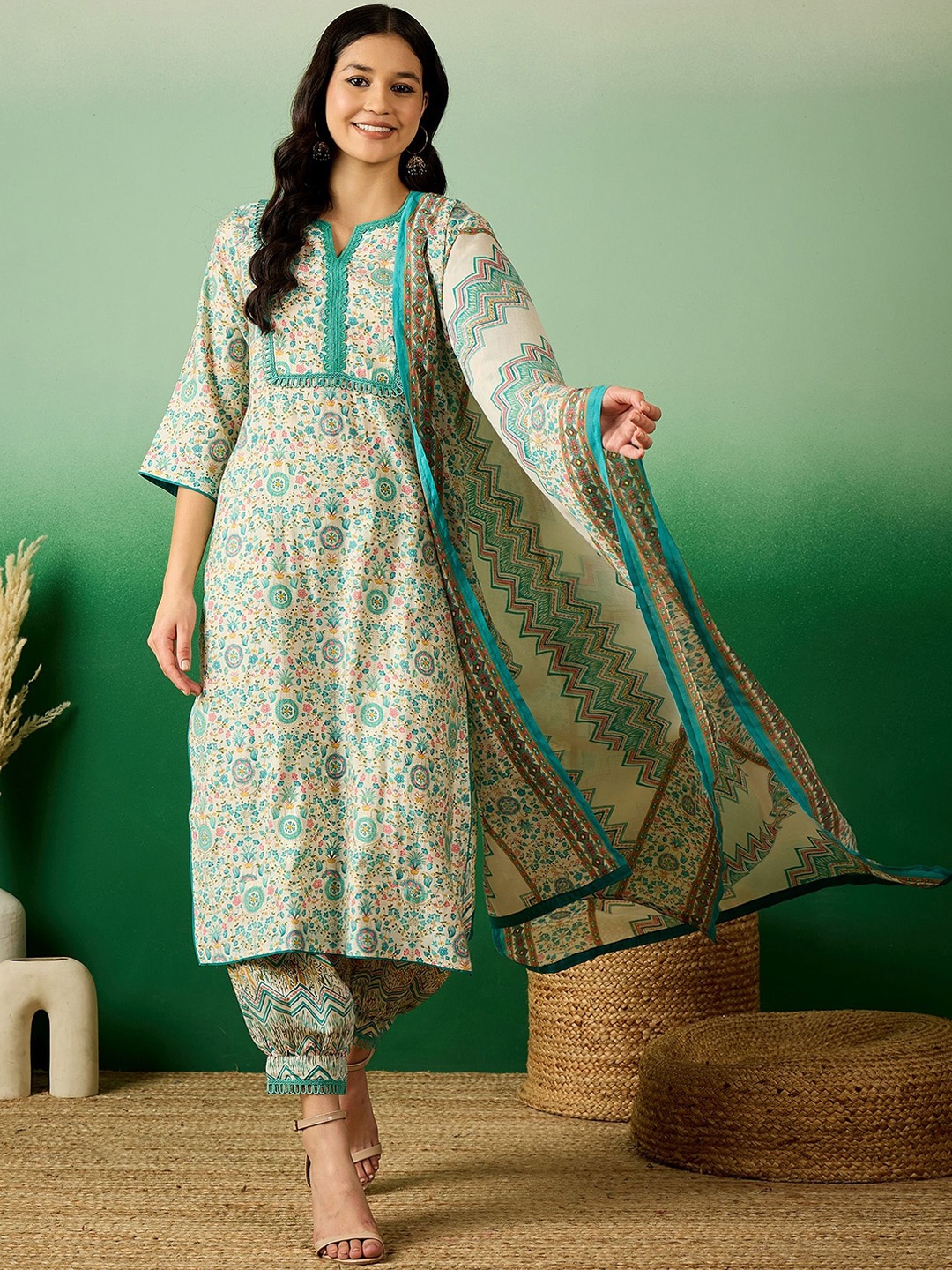 

Sangria Teal Green Floral Printed Notch Neck Straight Kurta & Afgani Trousers & Dupatta