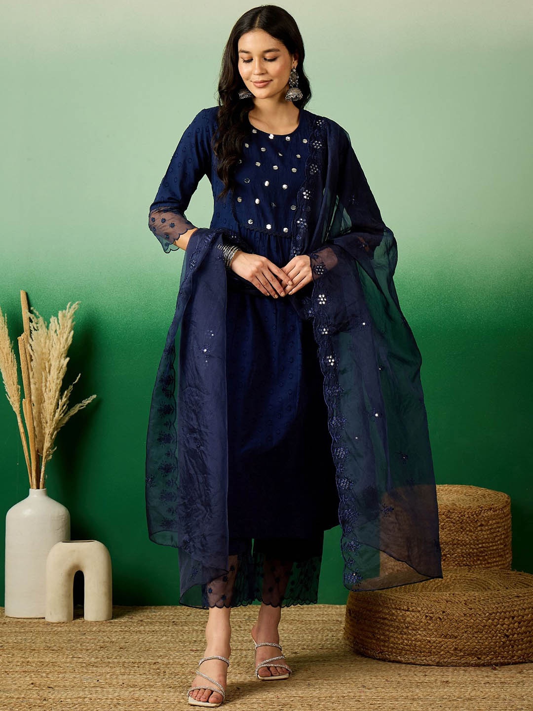 

Sangria Navy Blue Self Design Pure Cotton Straight Kurta With Trouser & Dupatta