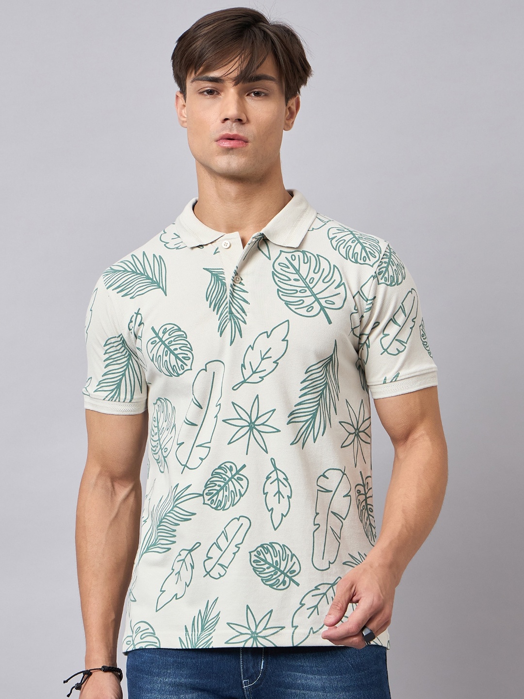 

REPRISE Men Tropical Printed Polo Collar T-shirt, Grey