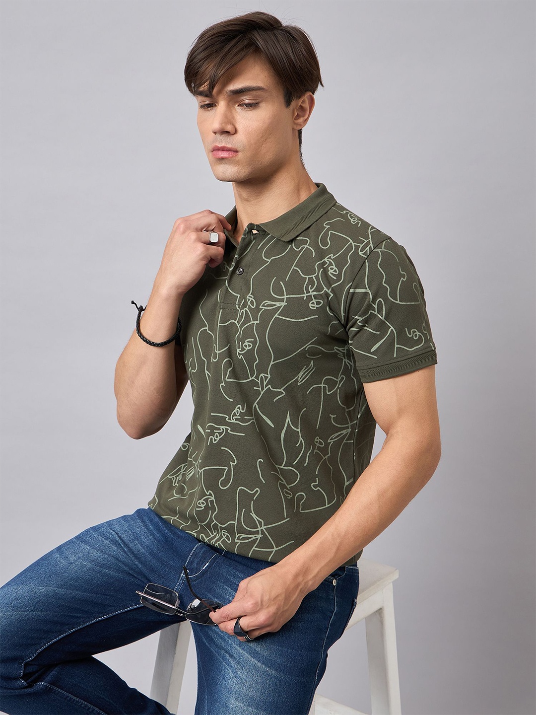 

REPRISE Men Abstract Printed Polo Collar T-shirt, Olive