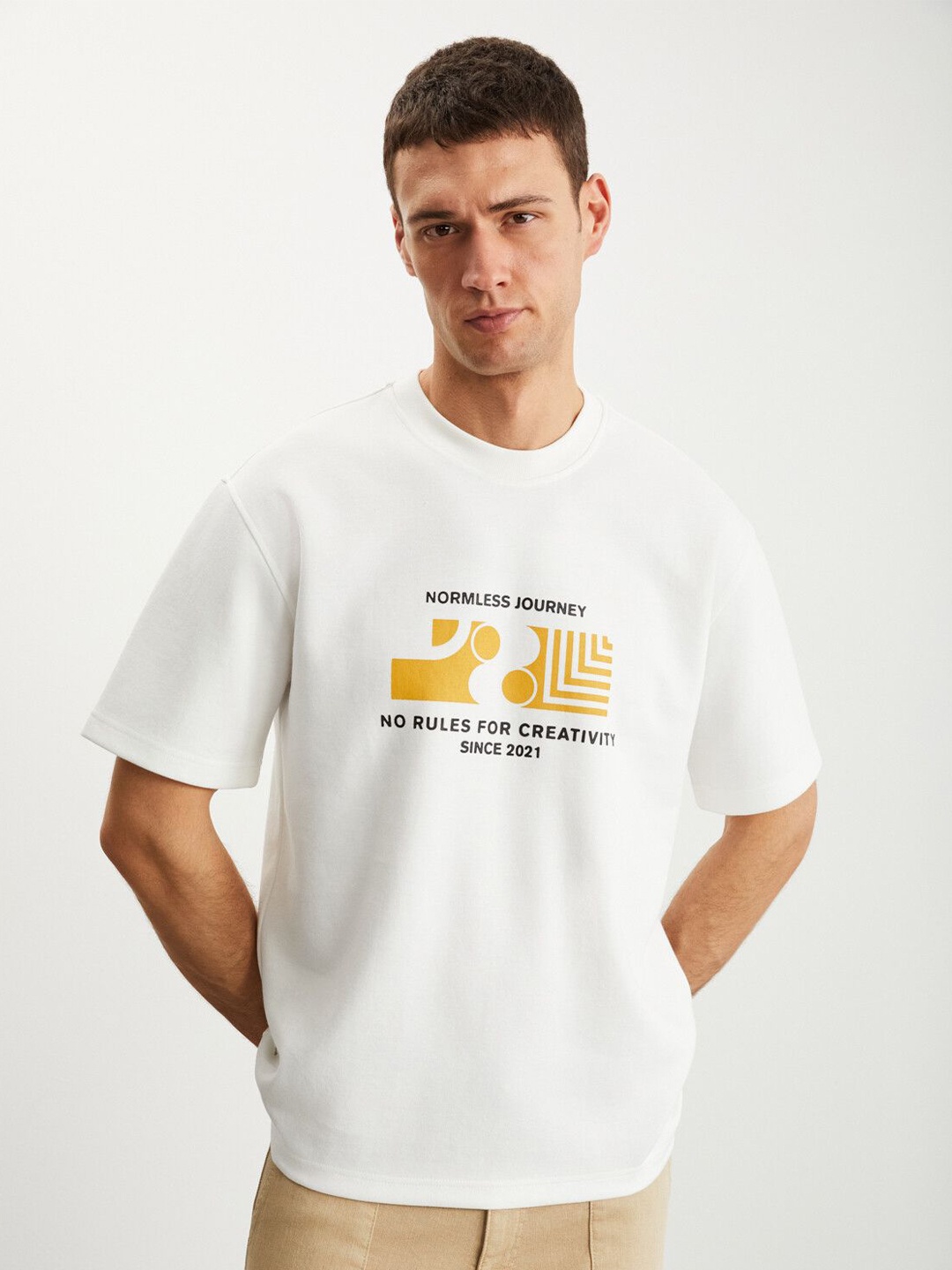 GRIMELANGE Men Typography Printed Round Neck T-shirt, White