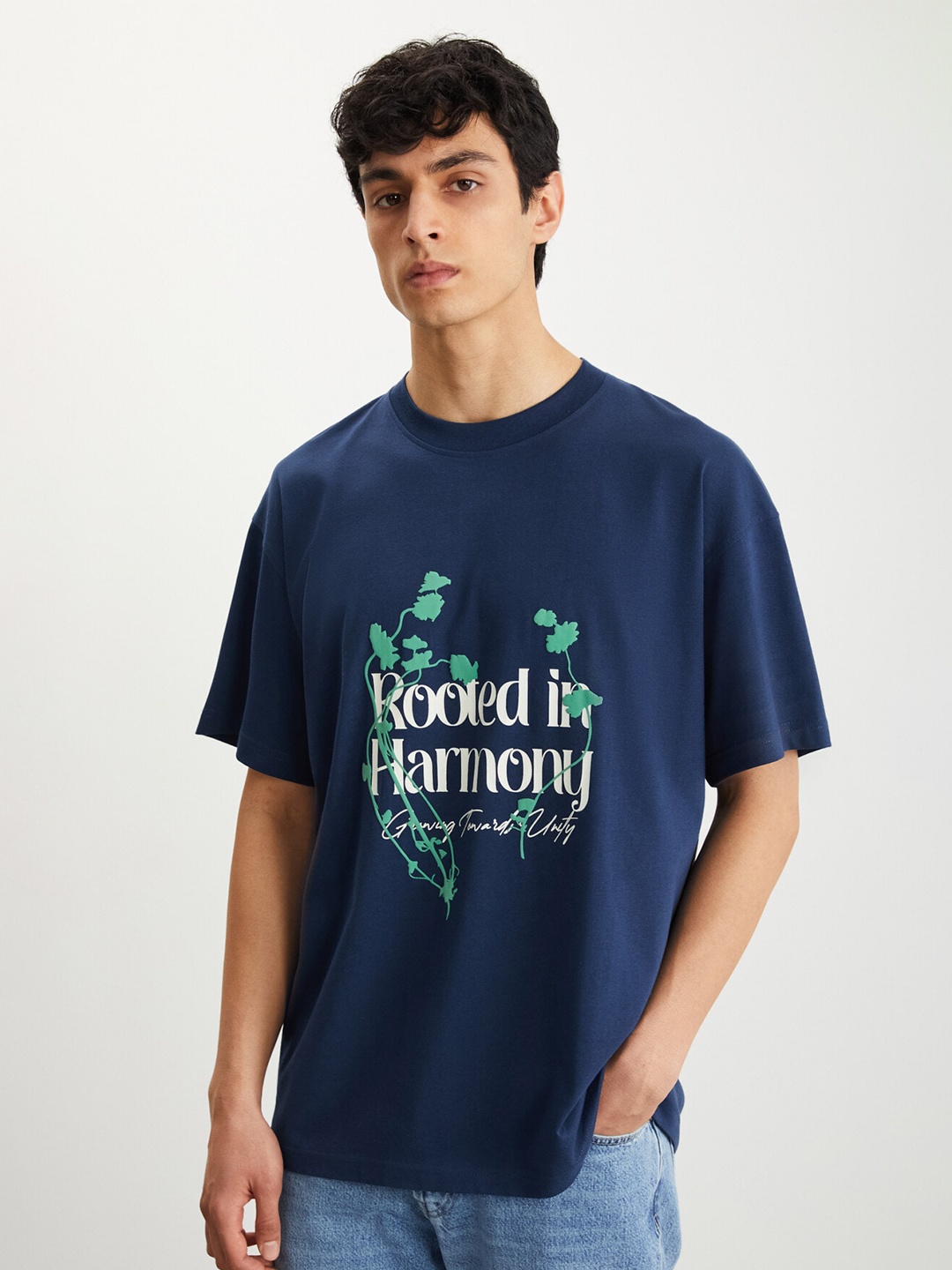 

GRIMELANGE Men Typography Printed Round Neck T-shirt, Navy blue