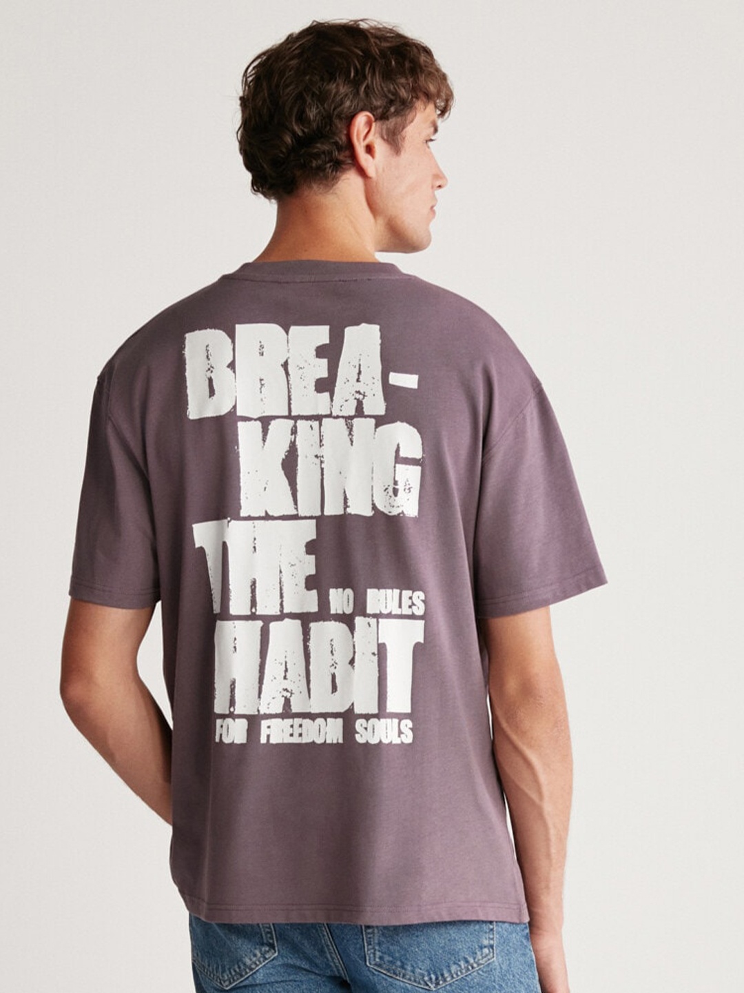 

GRIMELANGE Men Typography Printed Round Neck T-shirt, Purple