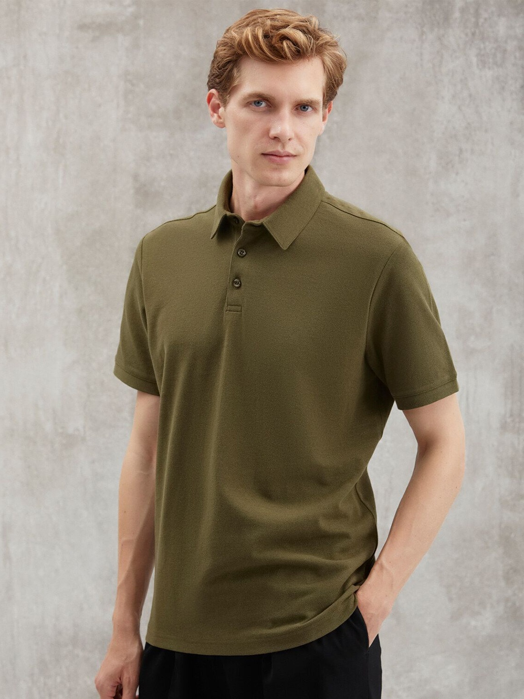 

GRIMELANGE Men Polo Collar Solid Cotton T-shirt, Olive