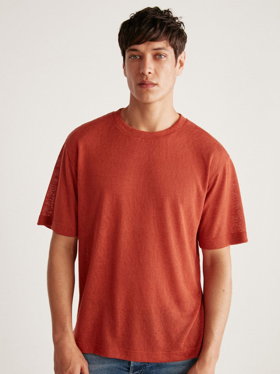 

GRIMELANGE Men Round Neck Drop Shoulder Sleeves Solid T-shirt, Burgundy