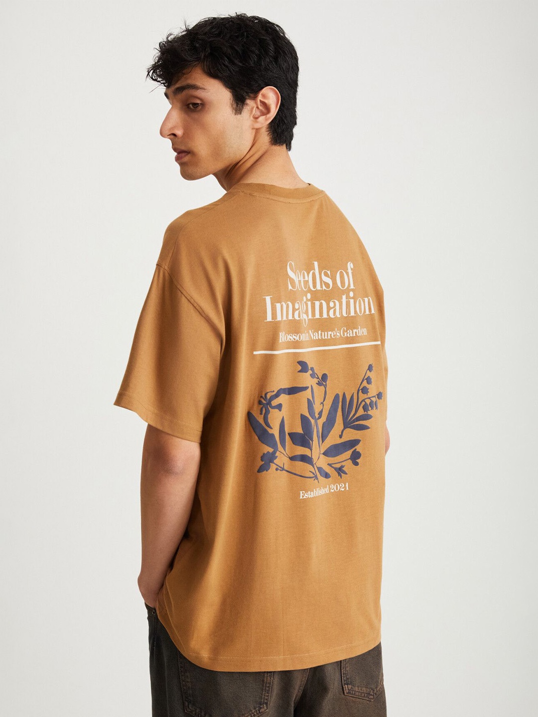 

GRIMELANGE Typography Printed Round Neck Cotton T-shirt, Brown