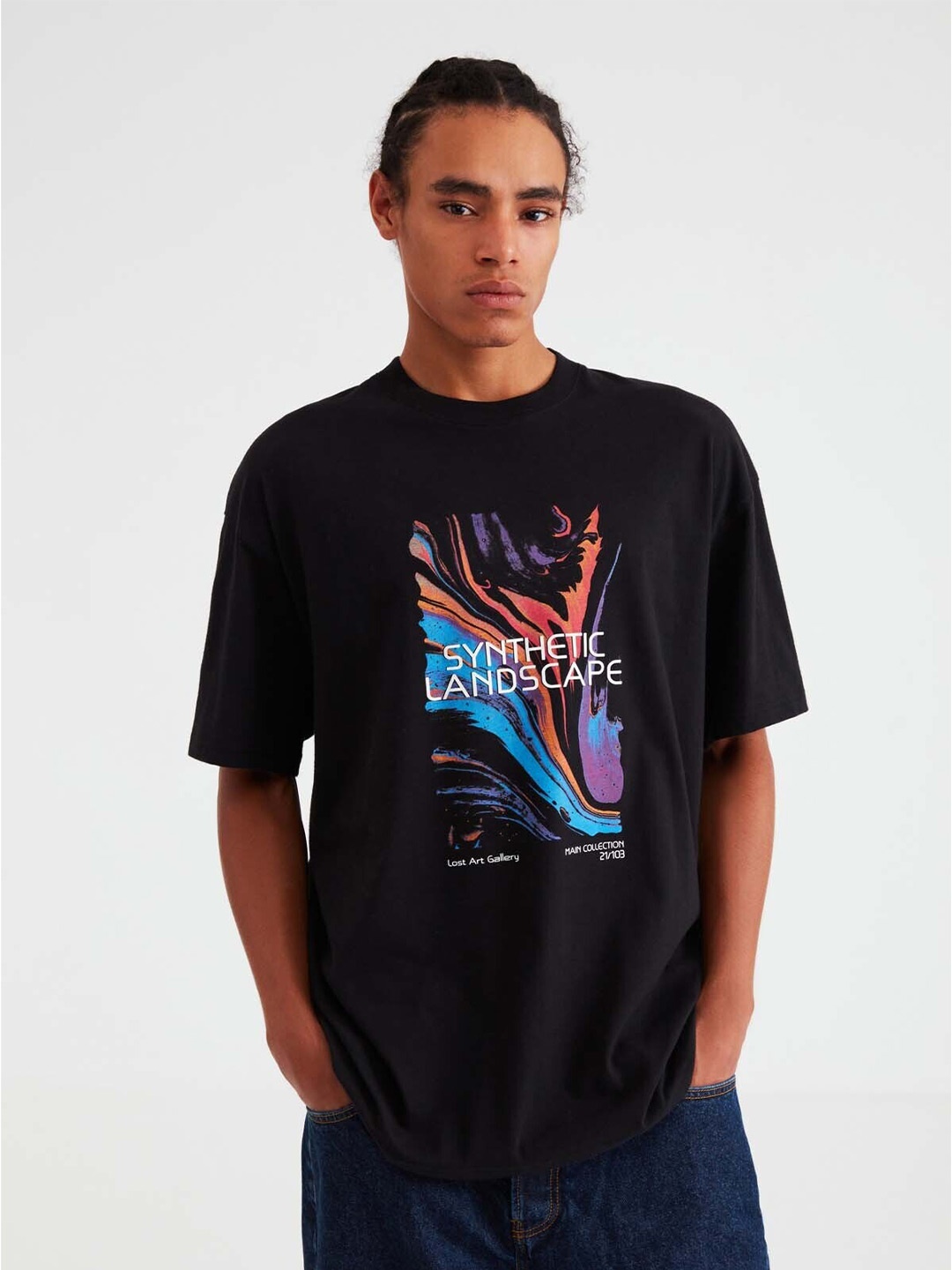 

GRIMELANGE Men Typography Printed Round Neck Cotton T-shirt, Black