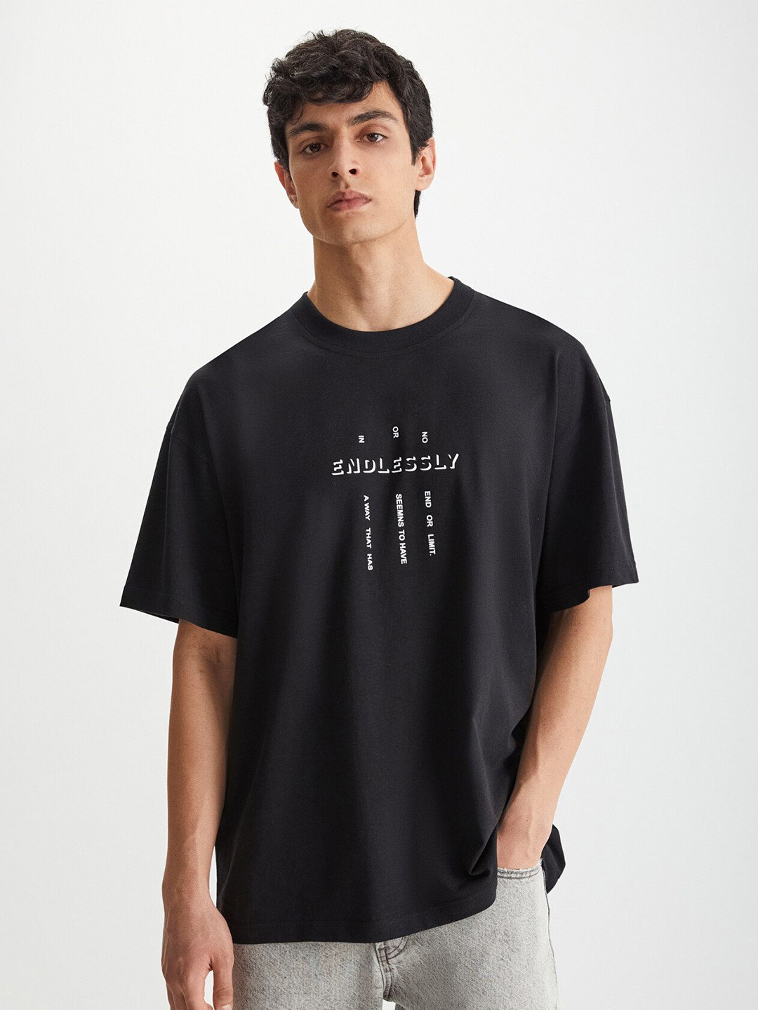 GRIMELANGE Typography Printed Round Neck Cotton T-shirt, Black