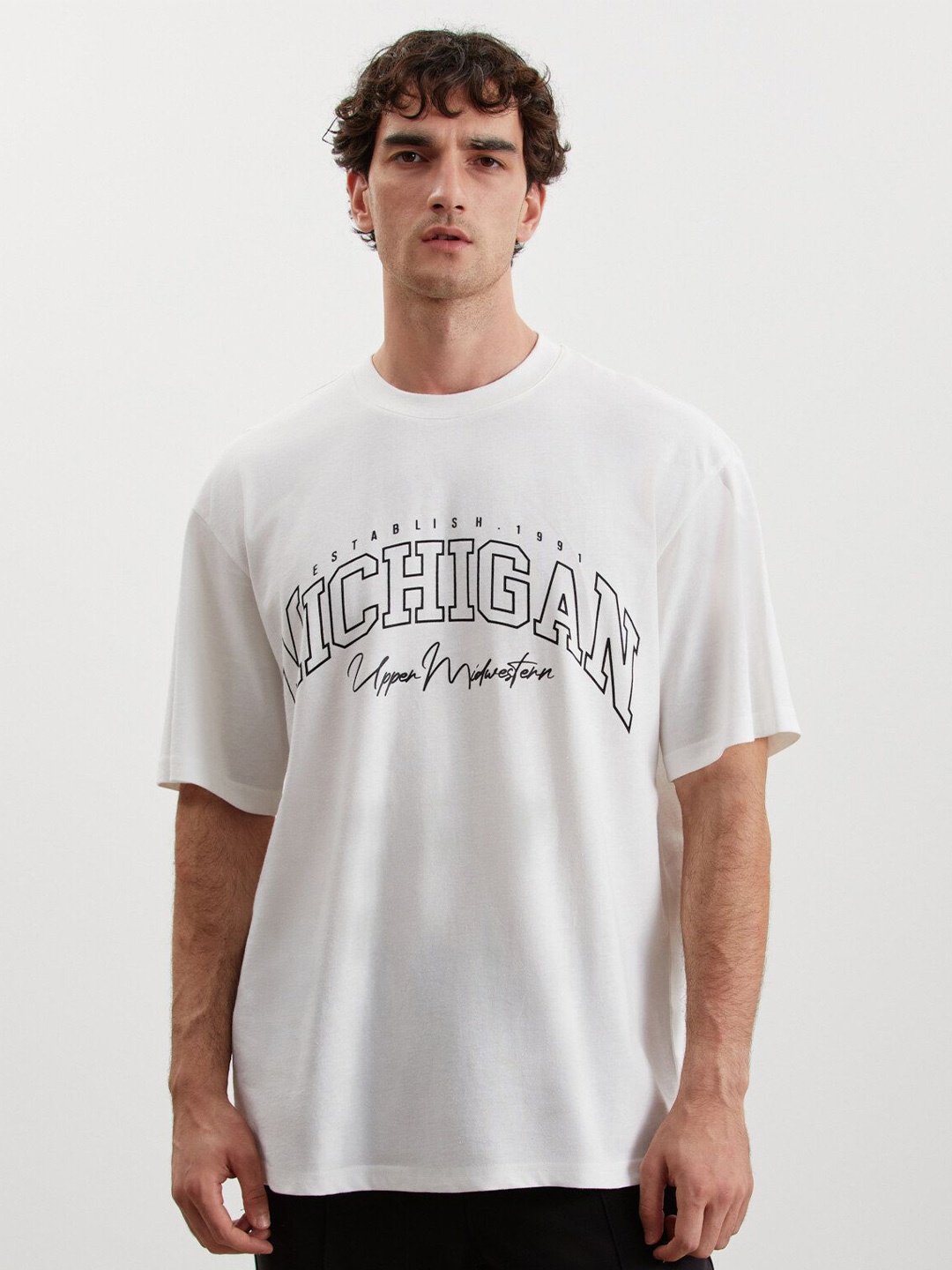 

GRIMELANGE Men Typography Printed Round Neck T-shirt, White