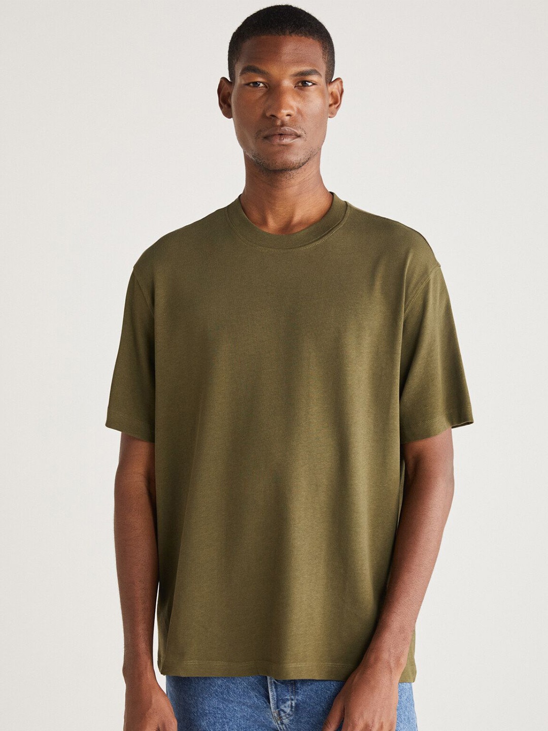 

GRIMELANGE Men Round Neck Solid T-shirt, Khaki