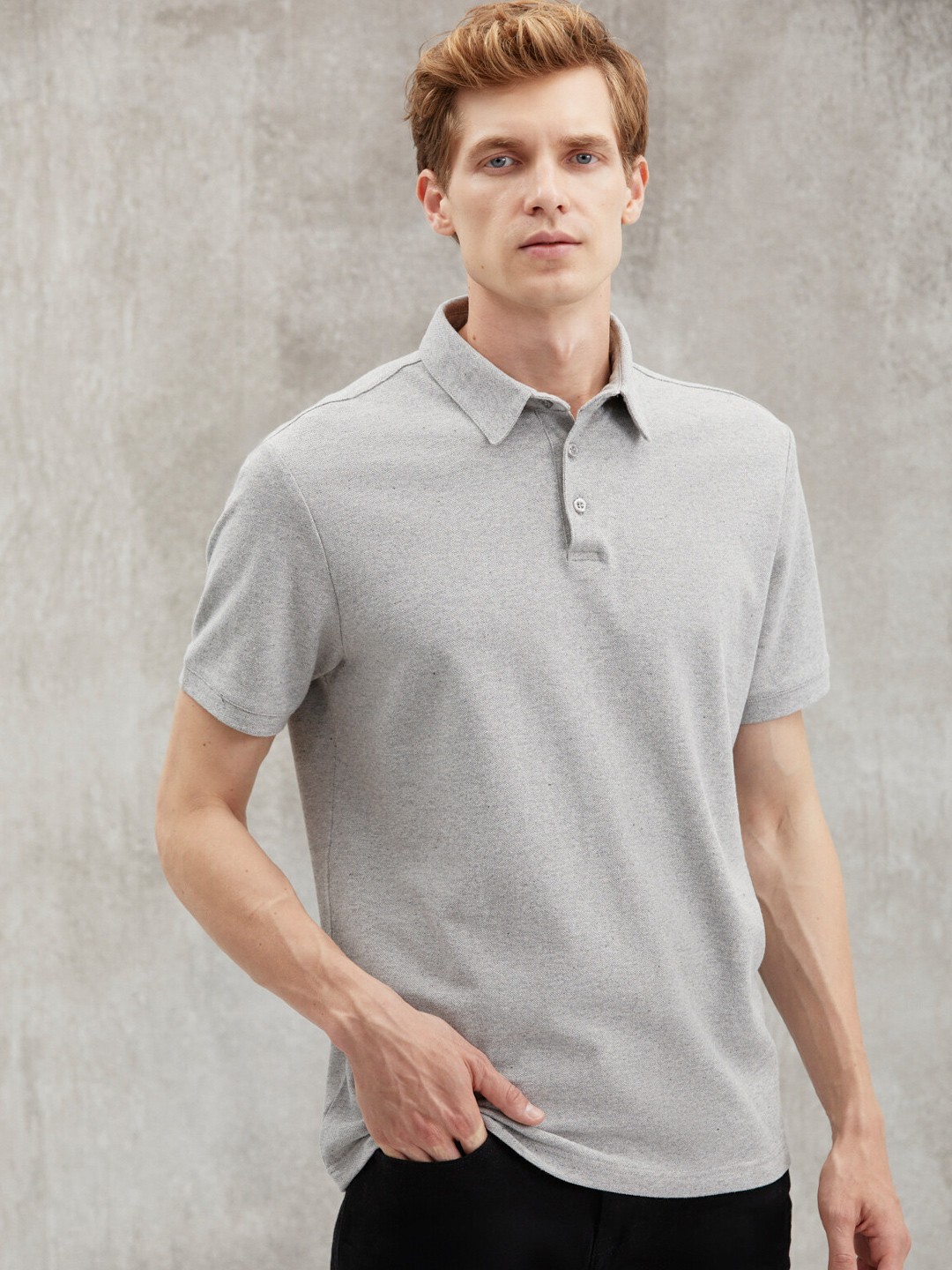 

GRIMELANGE Men Polo Collar Solid T-shirt, Grey melange
