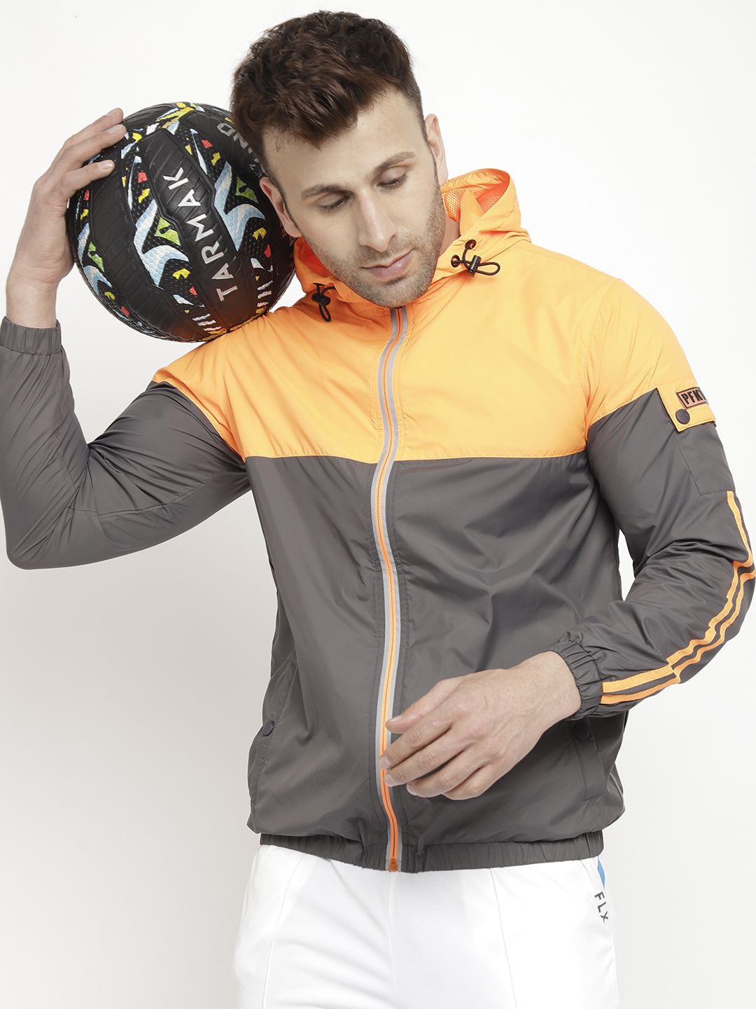 

PERFKT-U Colourblocked Hooded Windcheater Antimicrobial Sporty Jacket, Orange