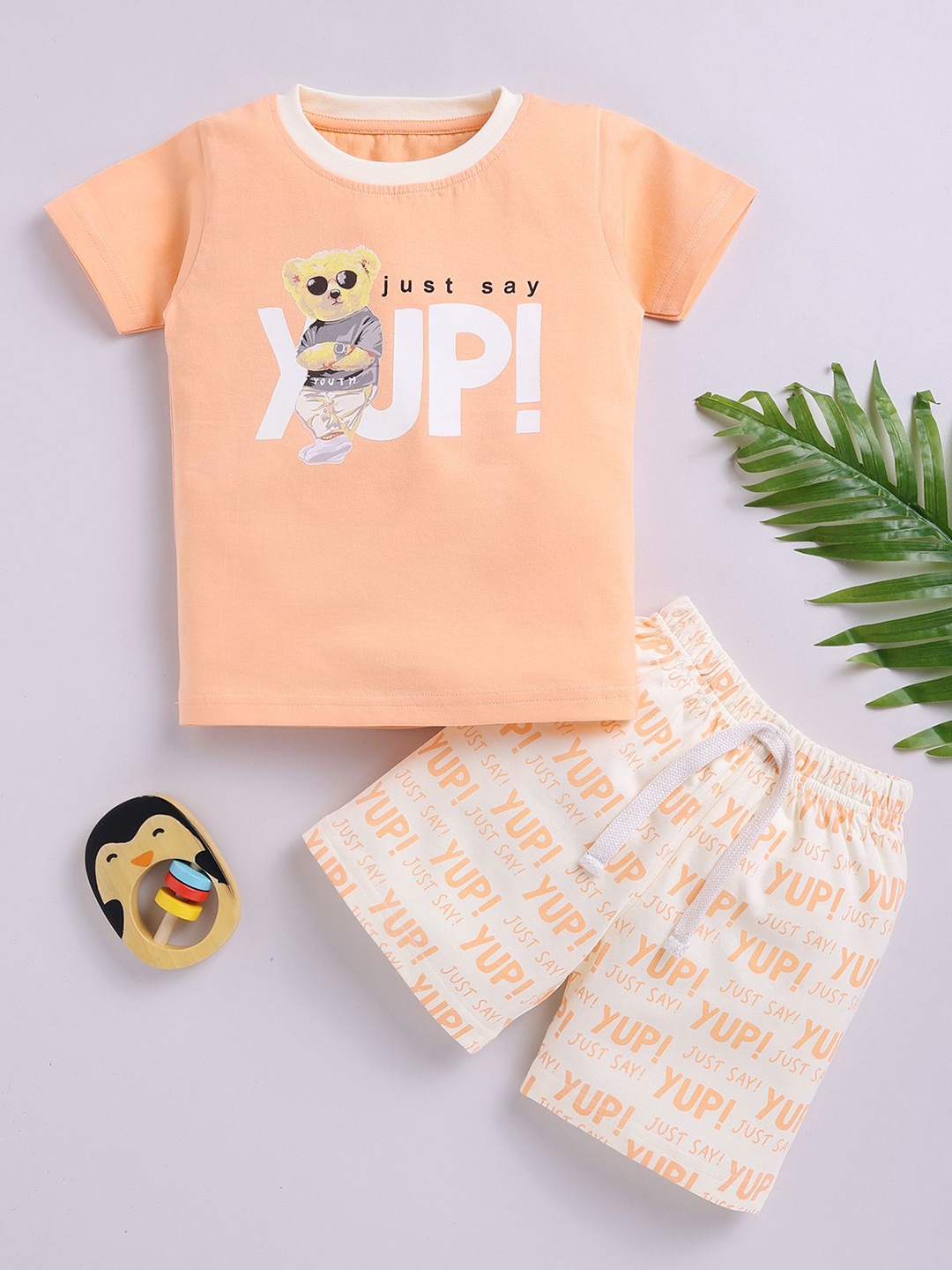 

SmartRAHO Boys Printed Round Neck Pure Cotton T-shirt with Shorts, Peach