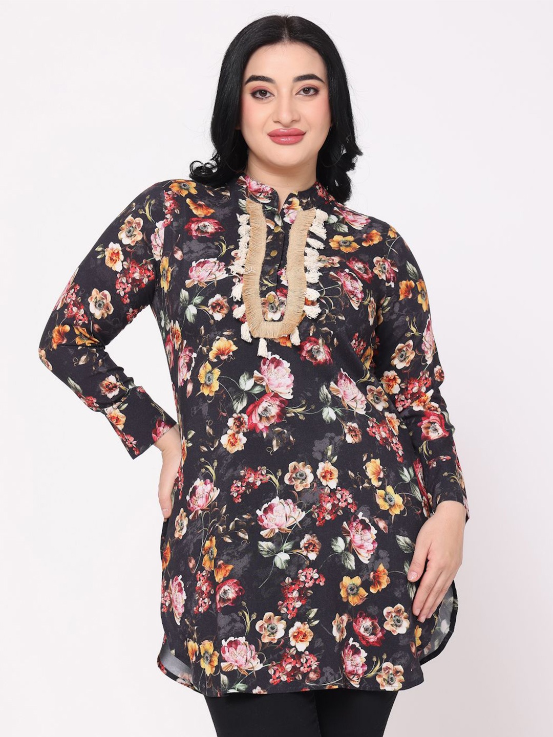 

TSM Mandarin Collar Floral Printed Kurti, Black