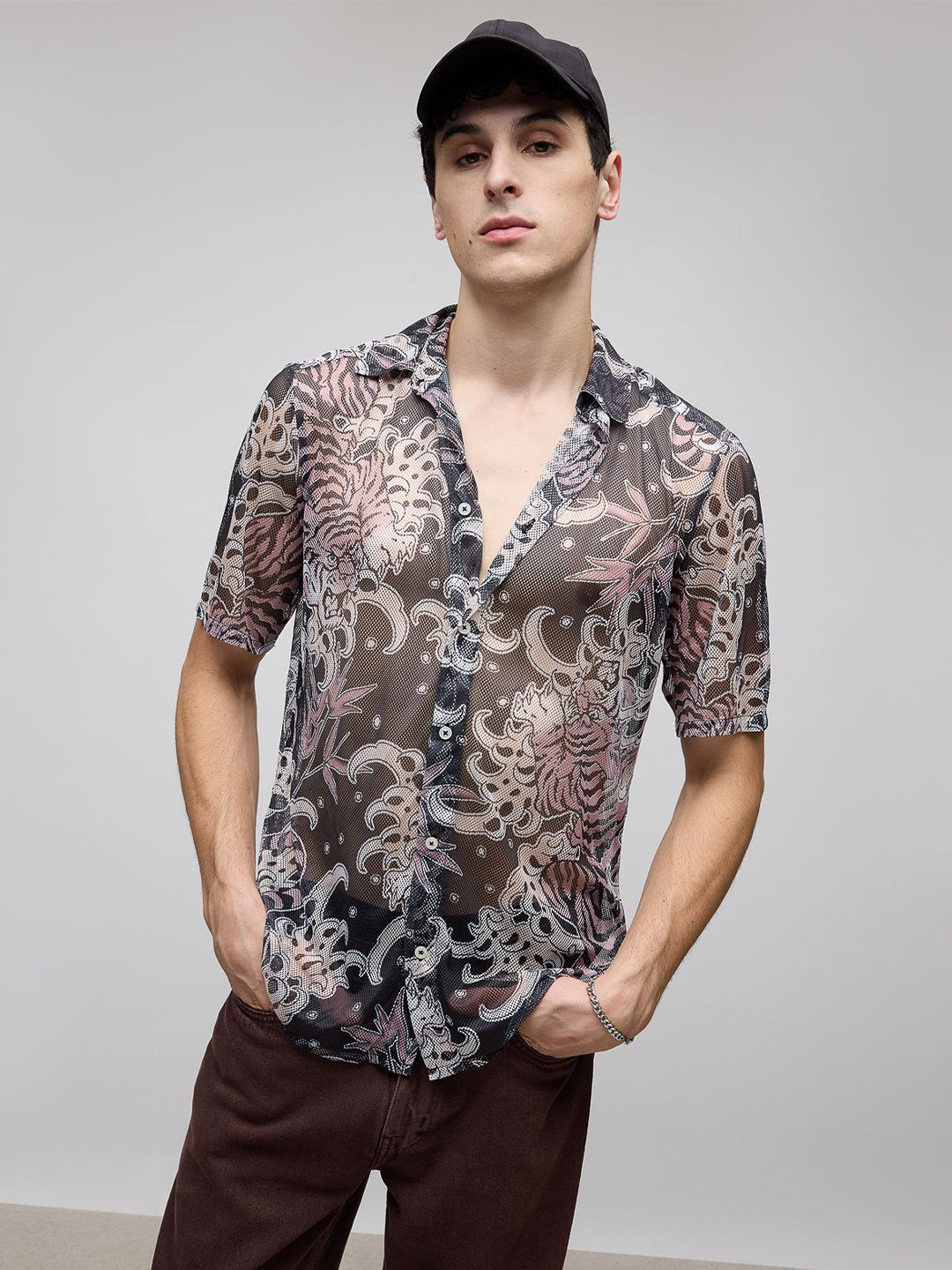 

FREAKINS Floral Printed Sheer Spread Collar Casual Shirt, Brown