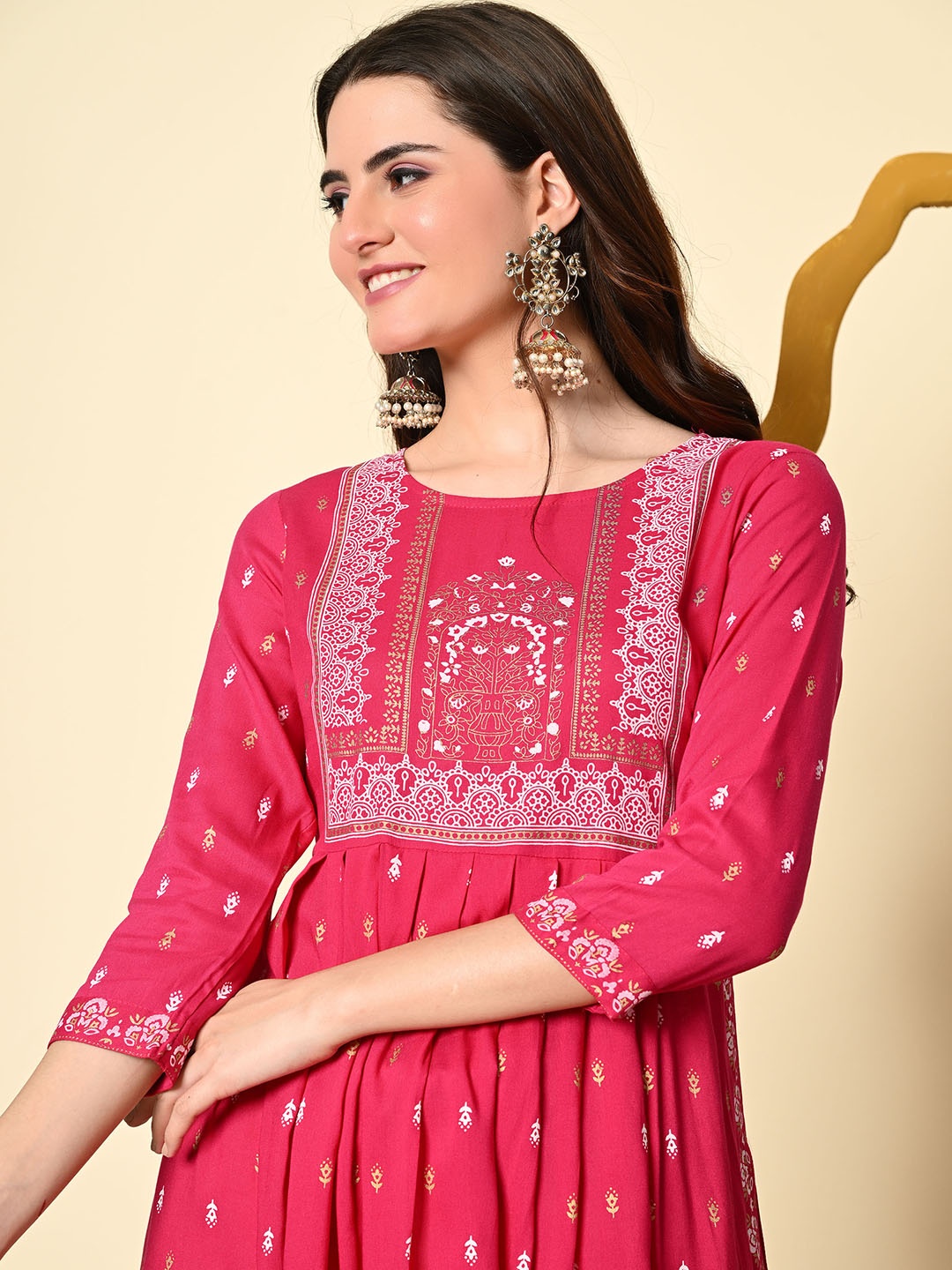 

aaivan Ethnic Motifs Printed Round Neck Pleated A-Line Kurta, Pink