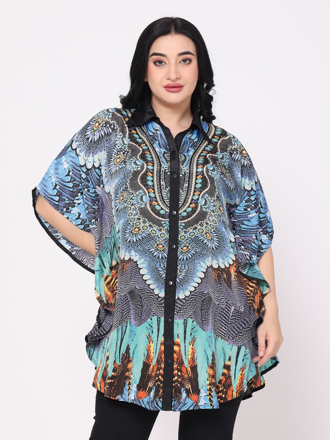 

TSM Ethnic Motifs Printed Shirt Collar Extended Sleeves Kaftan Top, Blue