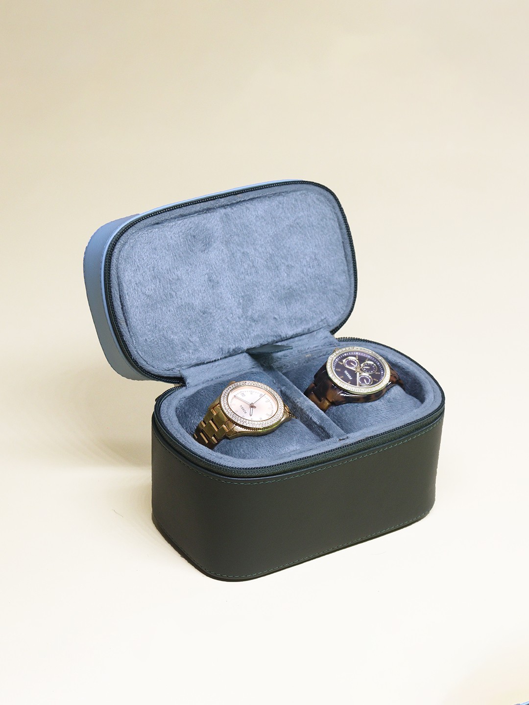 

Tortoise Genuine Leather 2 Slots Watch Organiser Box with Jewellery Organiser Compartment, Black