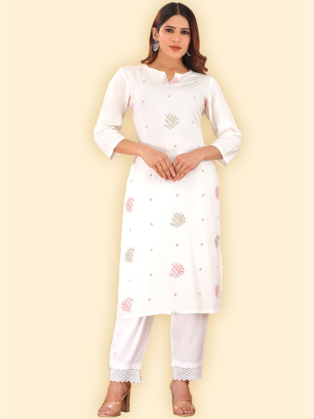 

HERE&NOW Floral Embroidered V-Neck Thread Work Cotton Straigth Kurta, Off white