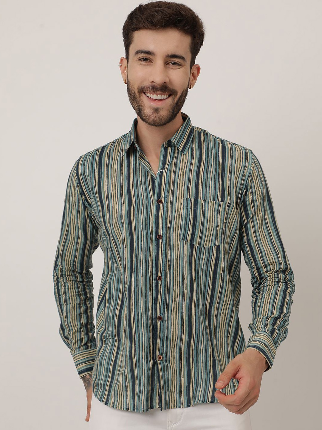 

SPS Relaxed Striped Spread Collar Cotton Casual Shirt, Beige