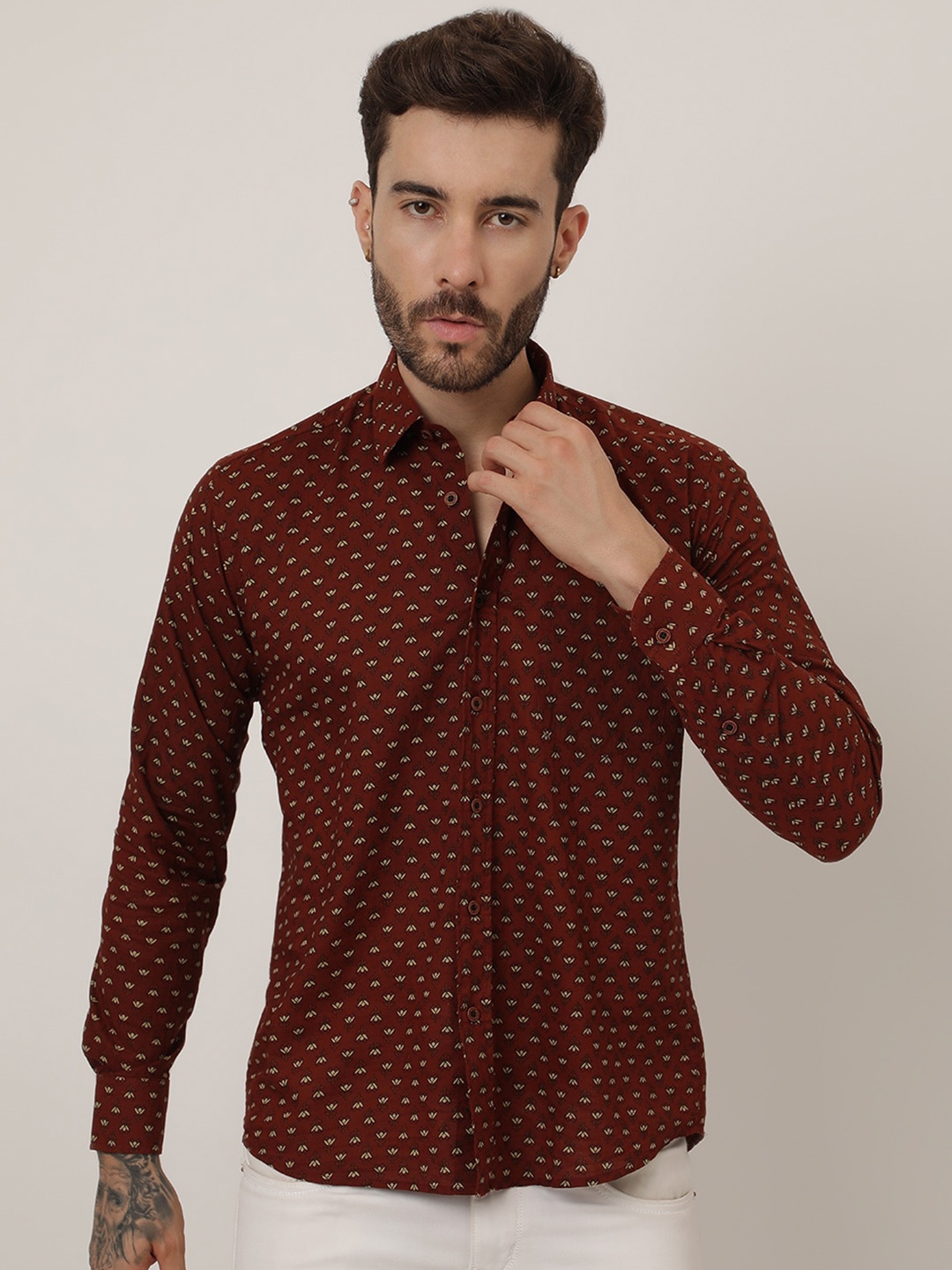 

SPS Floral Printed Spread Collar Relaxed Cotton Casual Shirt, Maroon