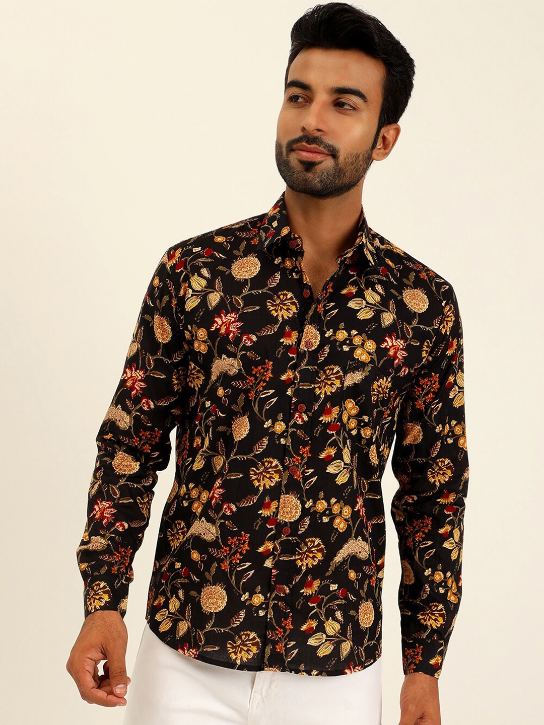 

SPS Relaxed Floral Printed Spread Collar Cotton Casual Shirt, Navy blue