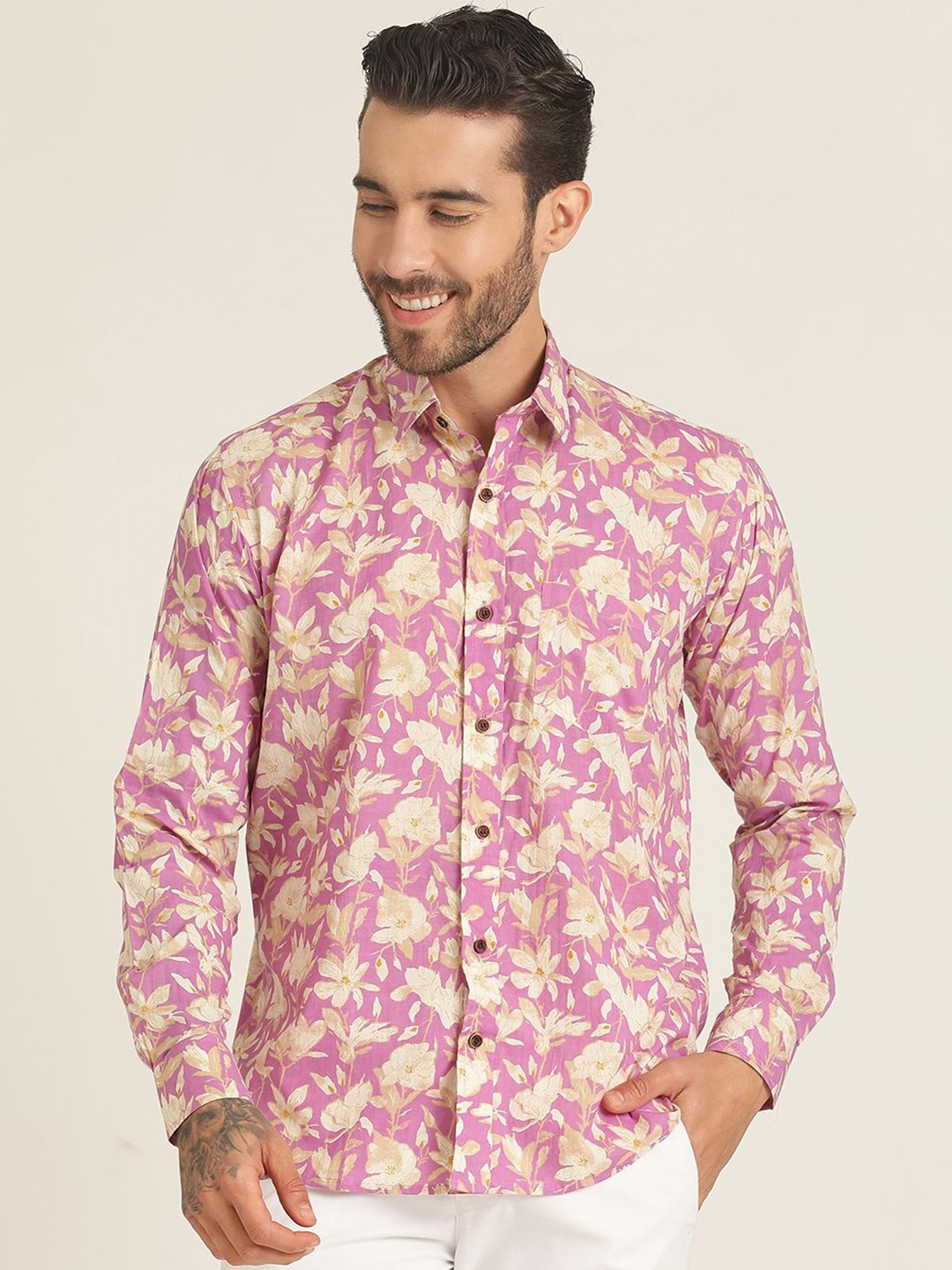 

SPS Relaxed Floral Printed Spread Collar Cotton Casual Shirt, Pink