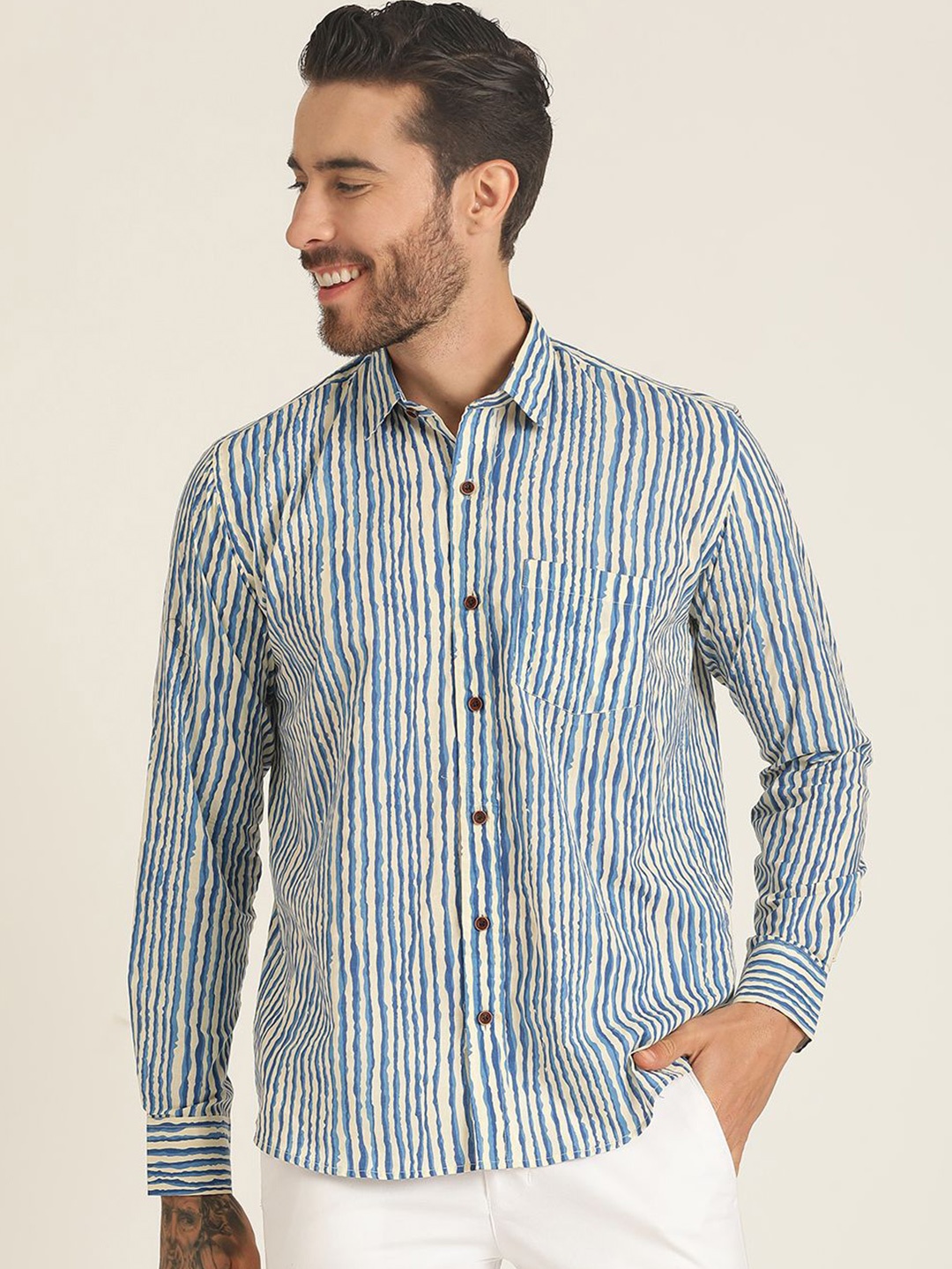 

SPS Relaxed Striped Spread Collar Cotton Casual Shirt, Off white