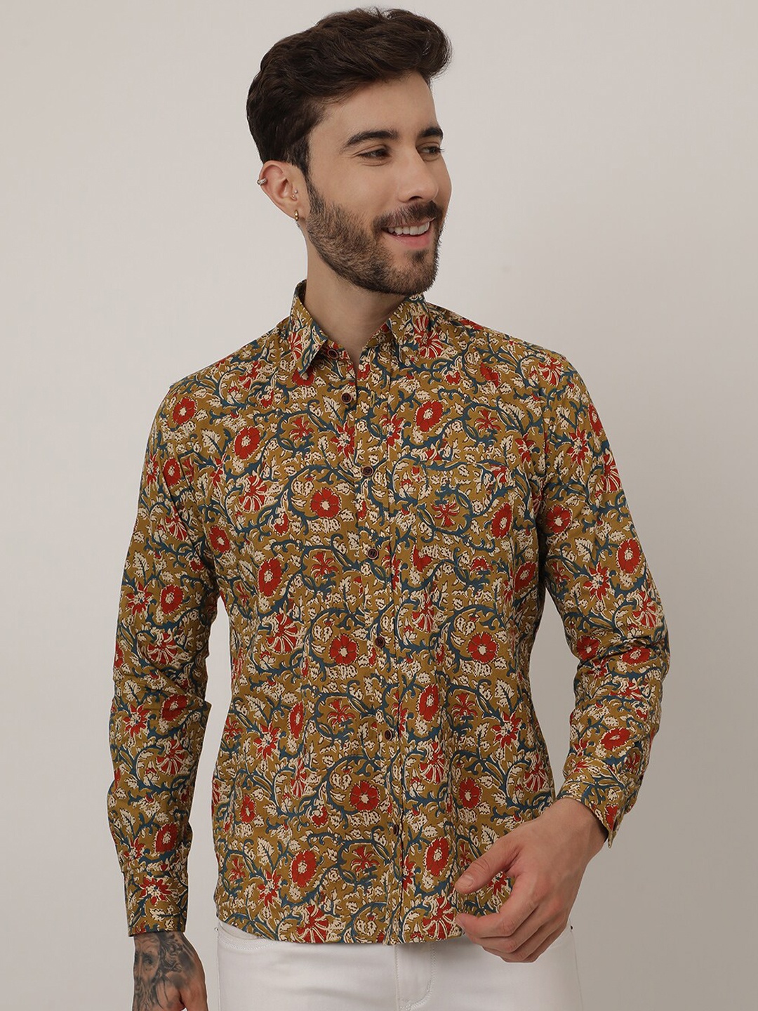 

SPS Relaxed Floral Printed Spread Collar Cotton Casual Shirt, Mustard