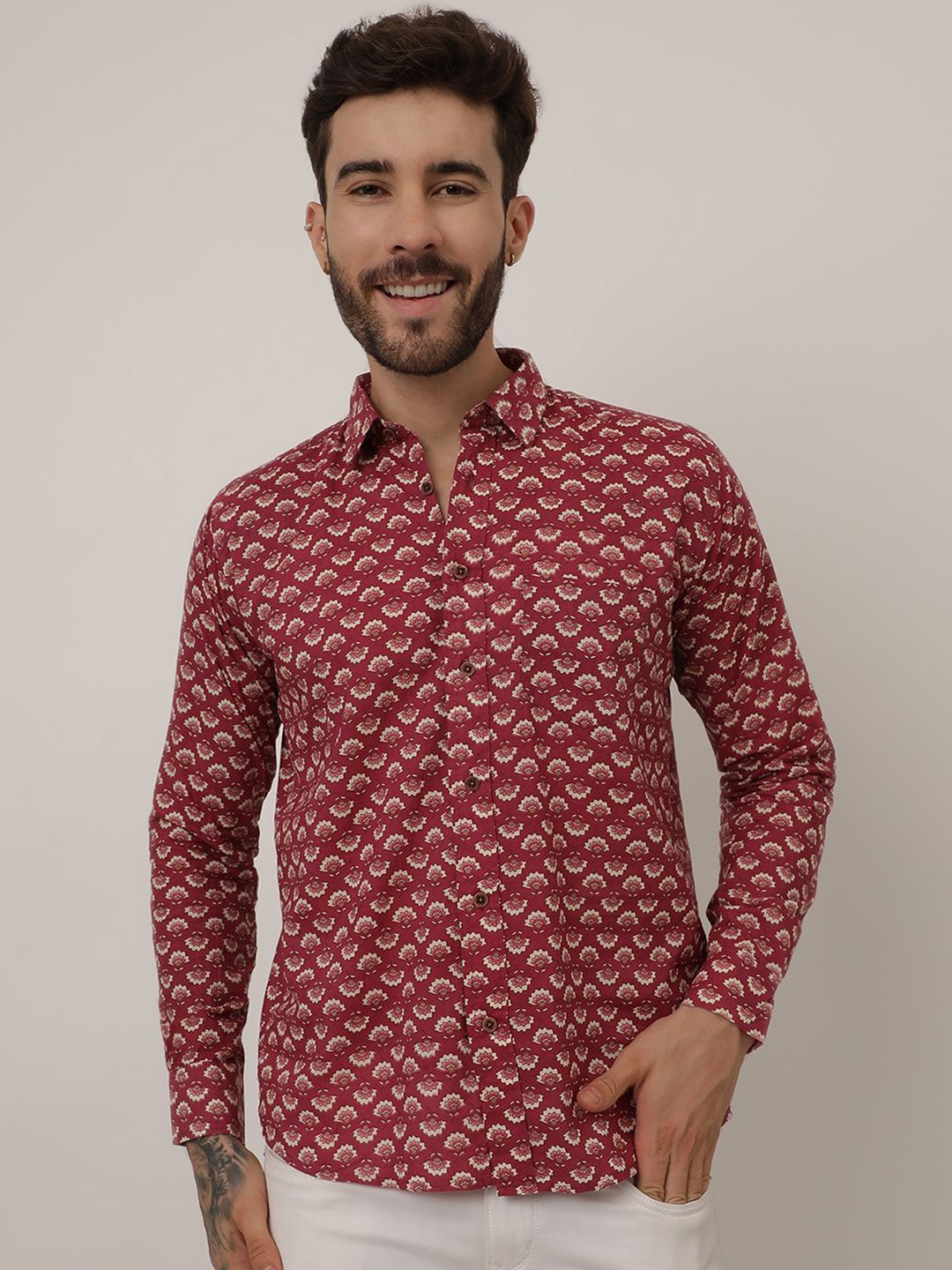 

SPS Relaxed Ethnic Motifs Printed Spread Collar Cotton Casual Shirt, Red