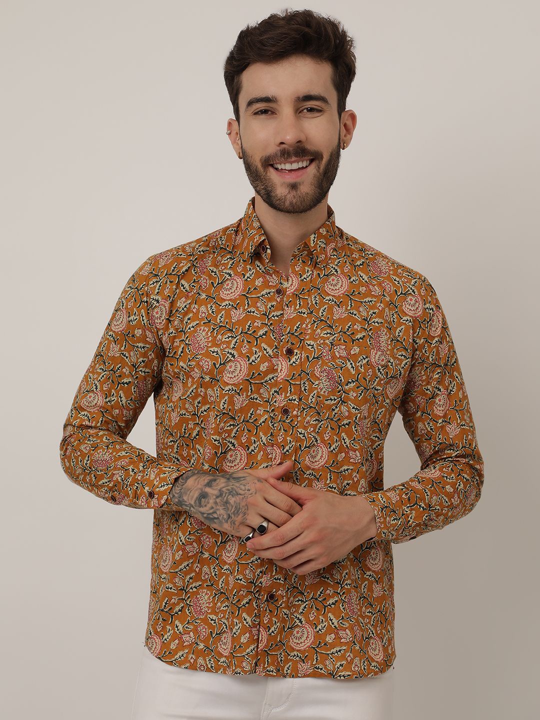 

SPS Relaxed Floral Printed Spread Collar Long Sleeves Cotton Casual Shirt, Brown