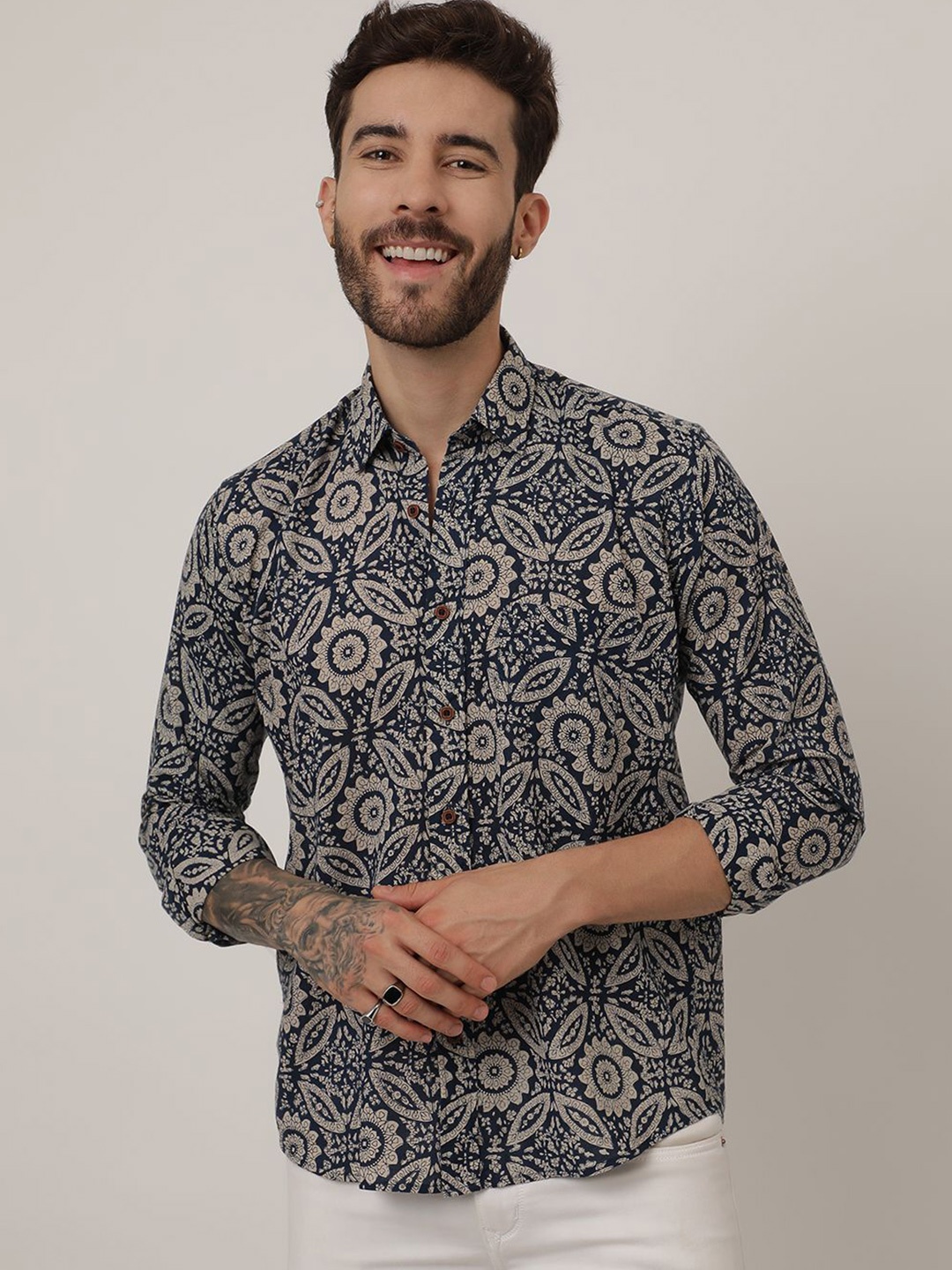 

SPS Relaxed Ethnic Motifs Printed Spread Collar Cotton Casual Shirt, Blue