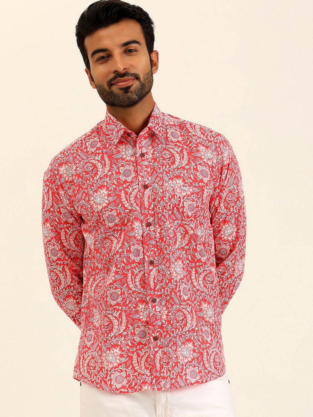 

SPS Relaxed Ethnic Motifs Printed Spread Collar Cotton Casual Shirt, Pink