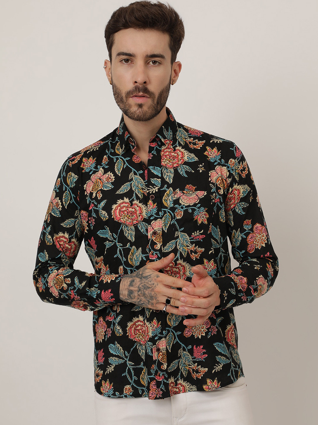 

SPS Relaxed Floral Printed Spread Collar Cotton Casual Shirt, Black