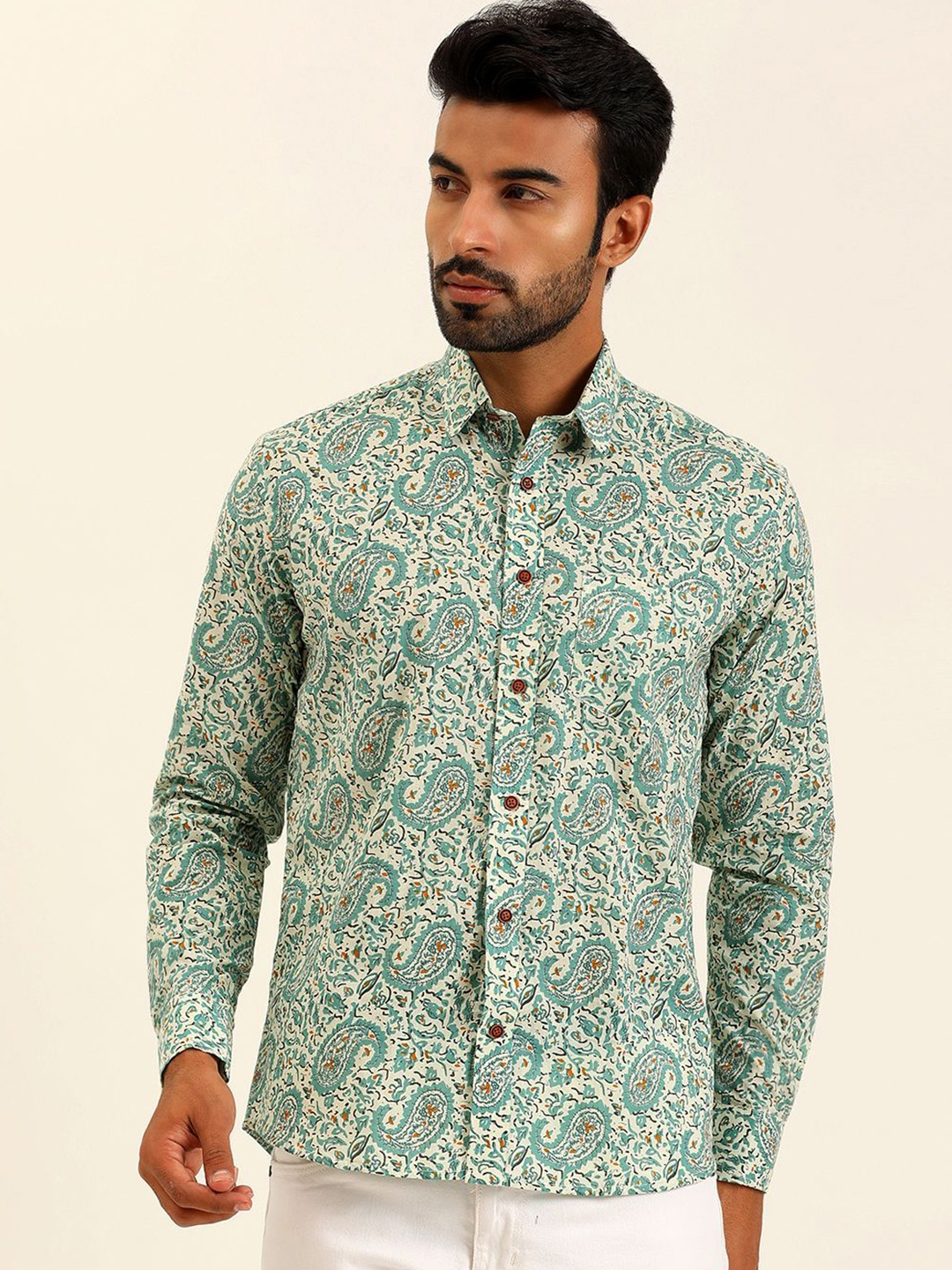 

SPS Relaxed Ethnic Motifs Printed Spread Collar Cotton Casual Shirt, Beige