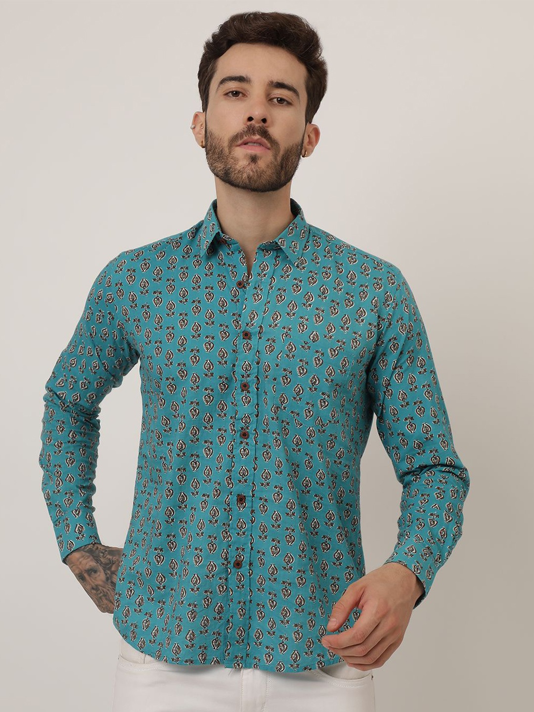 

SPS Relaxed Floral Printed Spread Collar Cotton Casual Shirt, Green