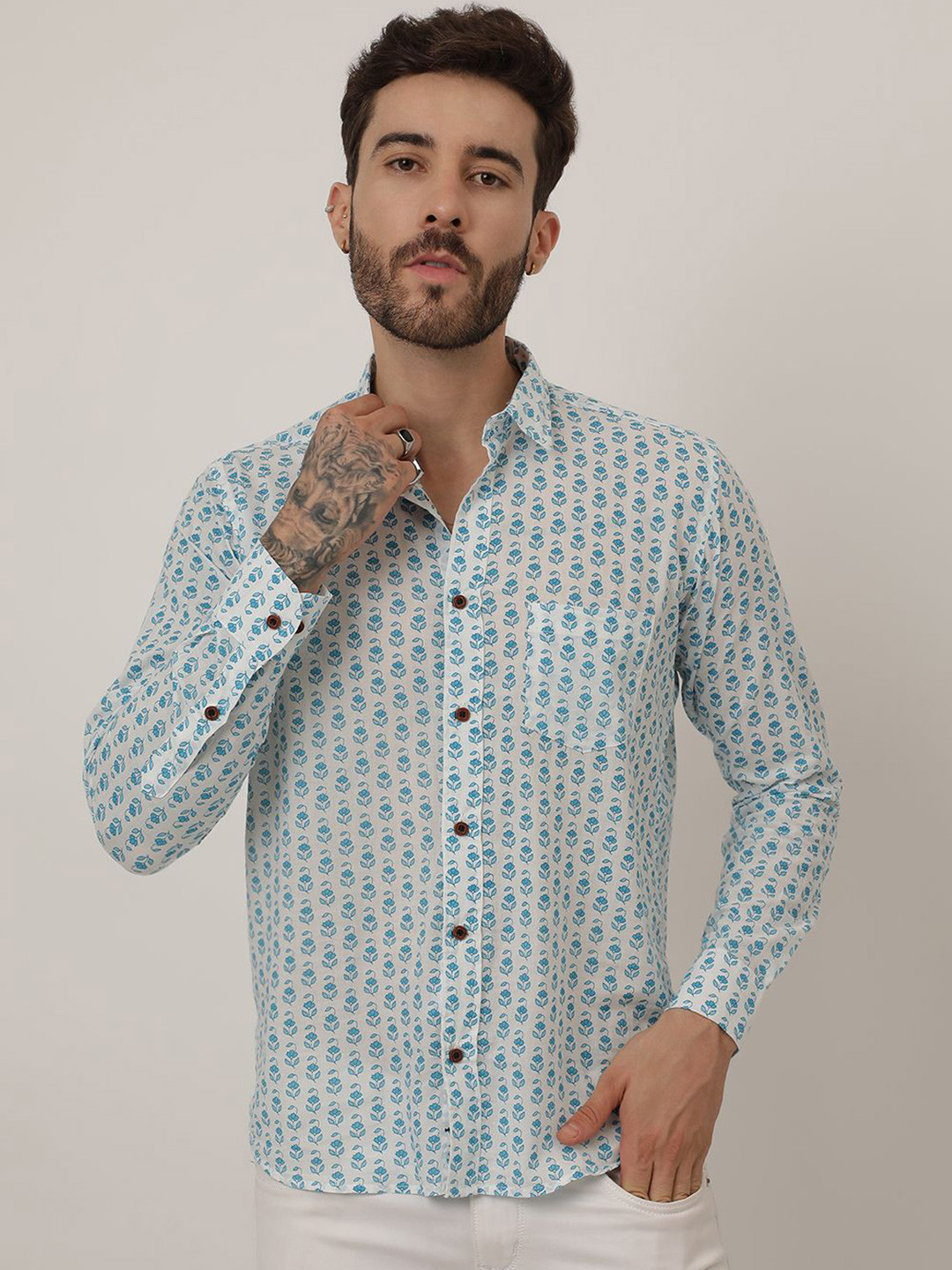 

SPS Relaxed Floral Printed Spread Collar Semi Sheer Cotton Casual Shirt, White