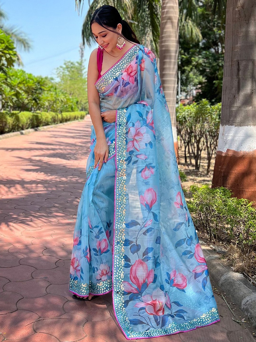 

elora Floral Print Mukaish Organza Saree, Turquoise blue
