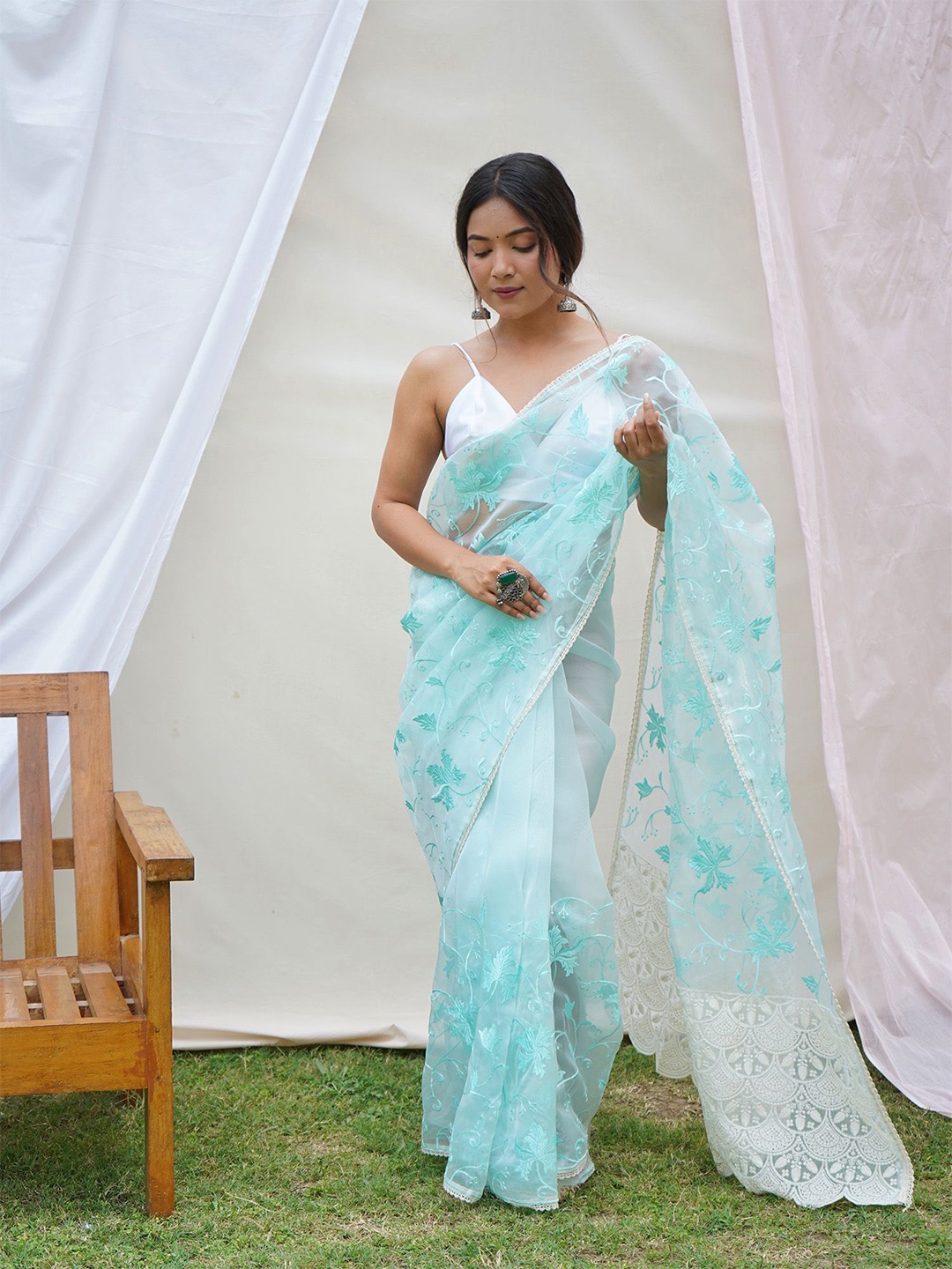 

elora Floral Embroidered Organza Saree, Turquoise blue